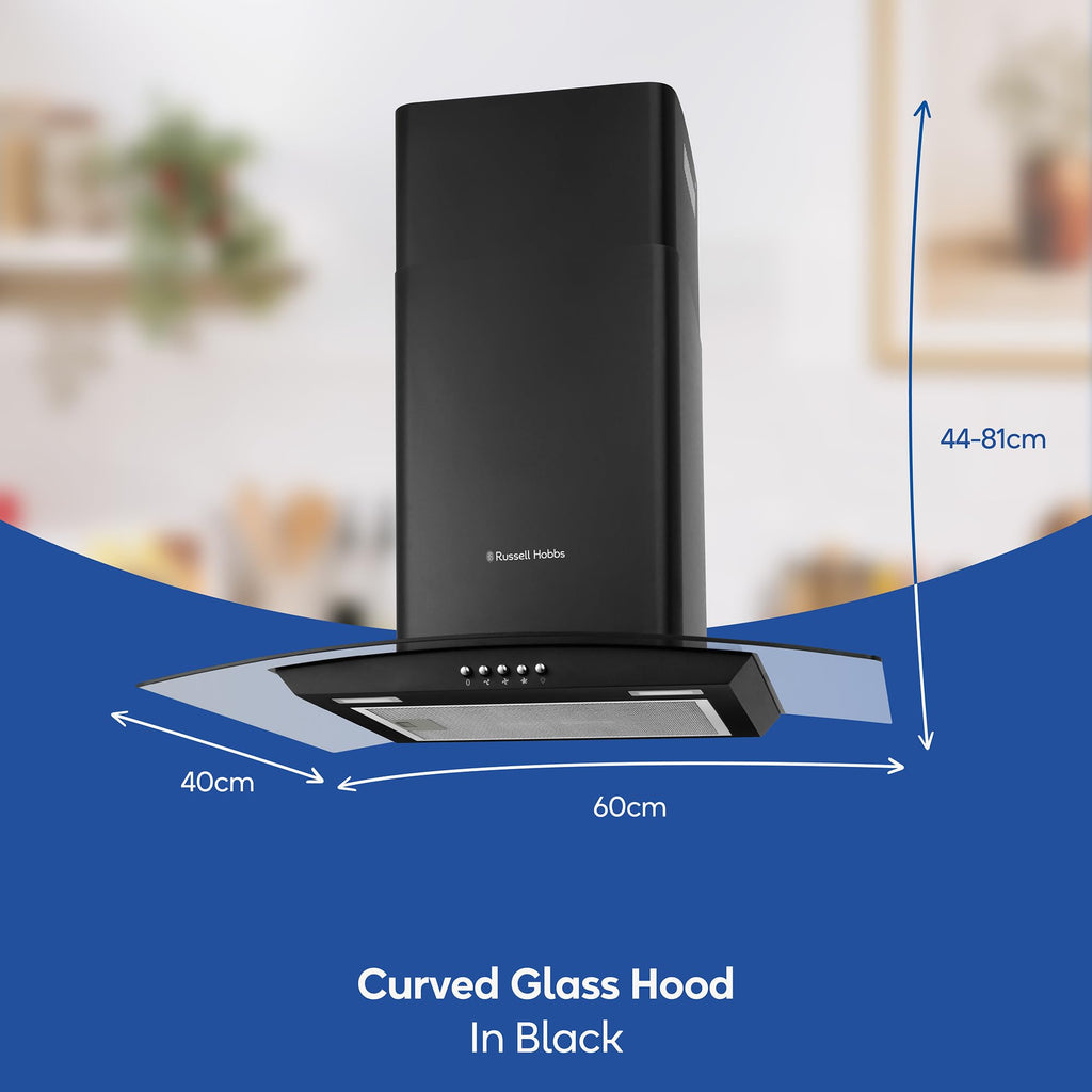 Russell Hobbs 60cm Curved Glass Cooker Hood in Stainless Steel with 3 Speed Settings, 1 x Carbon Filter, Extraction or Recirculation, 540m³/h Extraction Rate, A+ Energy Rating, RH60GCH92A1SS