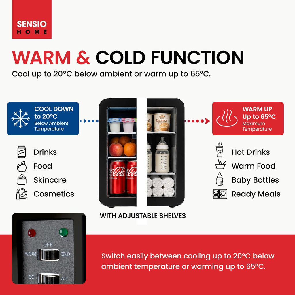 SENSIOHOME 10L Mini Fridge Cooler & Warmer for Drinks, Food, Skincare, Beauty, Makeup, Medicine, Insulin, Milk, AC+DC, 12v, UK & EU Plug, Portable, For Home, Bedroom, Travel, Camping, Car, Gaming, Uni