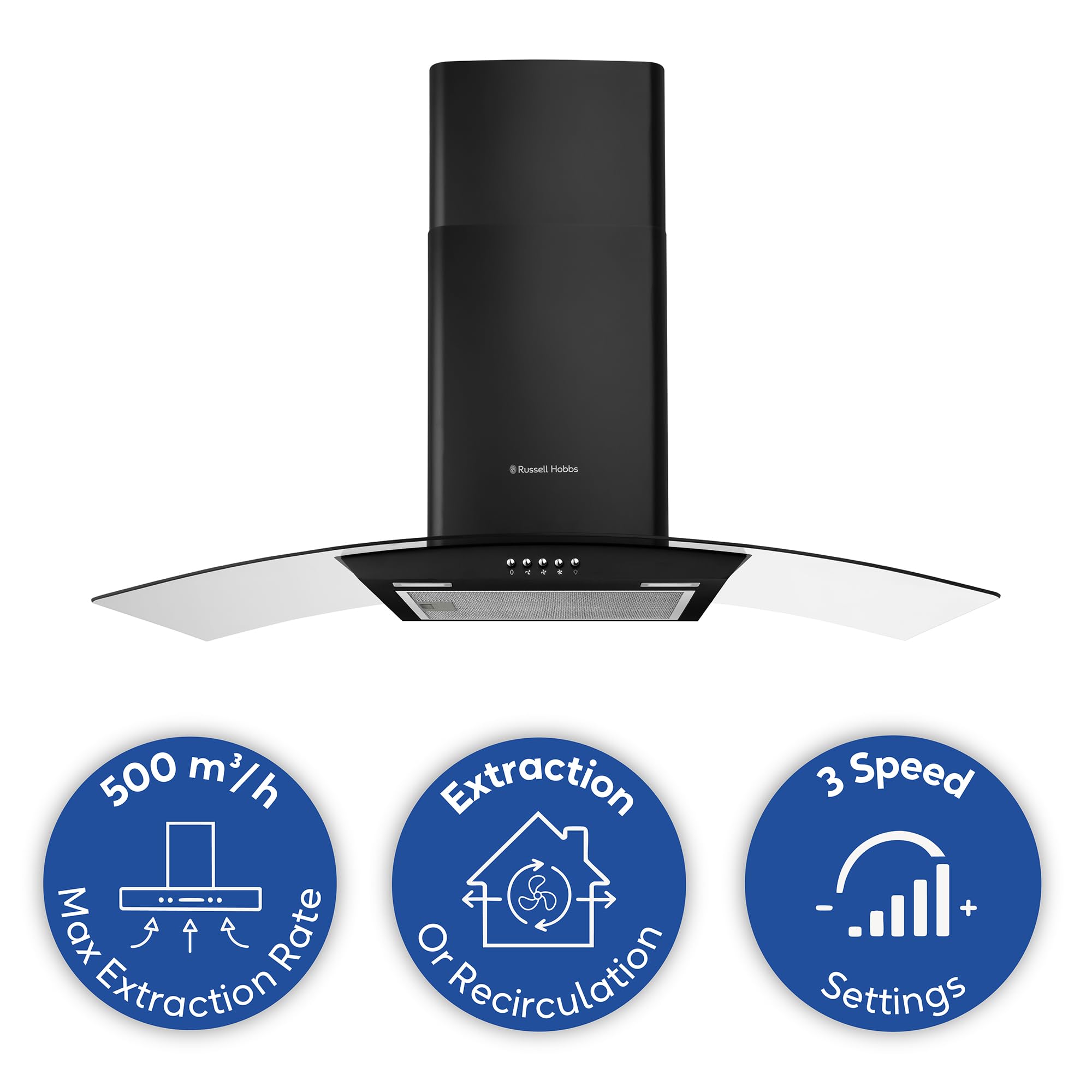 Russell Hobbs 60cm Curved Glass Cooker Hood in Stainless Steel with 3 Speed Settings, 1 x Carbon Filter, Extraction or Recirculation, 540m³/h Extraction Rate, A+ Energy Rating, RH60GCH92A1SS