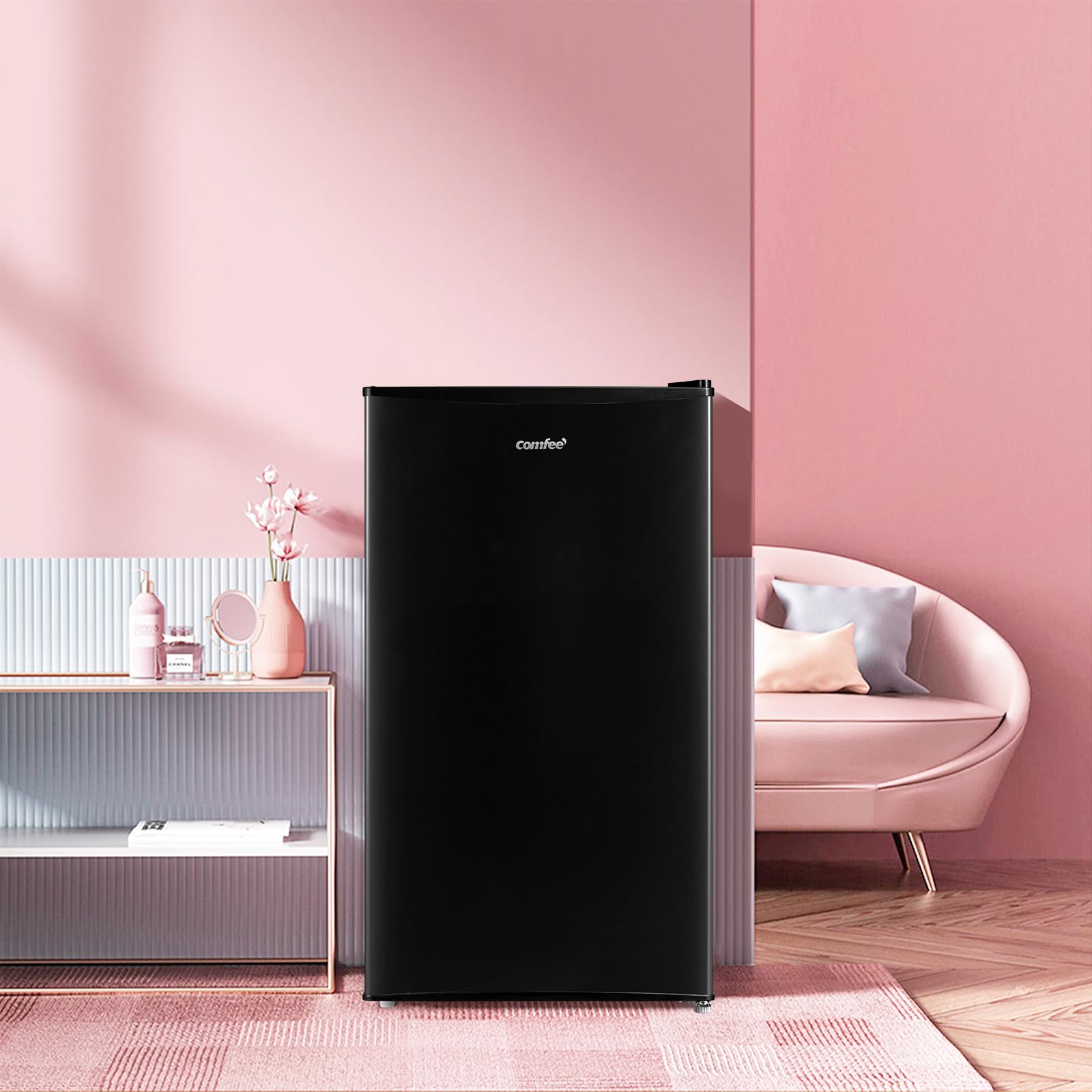 COMFEE' RCD93WH2(E) Under Counter Fridge, 93L Freestanding Refrigerator with Cooler Box, Adjustable Thermostat, Reversible Door, Removable Glass Shelves, Interior Light, White
