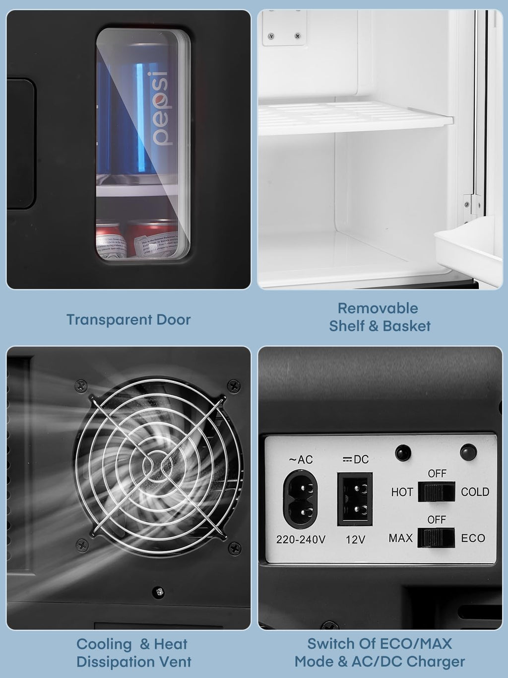 Mini Fridge for Bedrooms, 15 Liter /21 Cans Portable Small Fridge, AC+DC Power Car, Office, Thermoelectric Cooler & Warmer Skincare for Food, Drinks, Cosmetics, Max & ECO Mode, Black