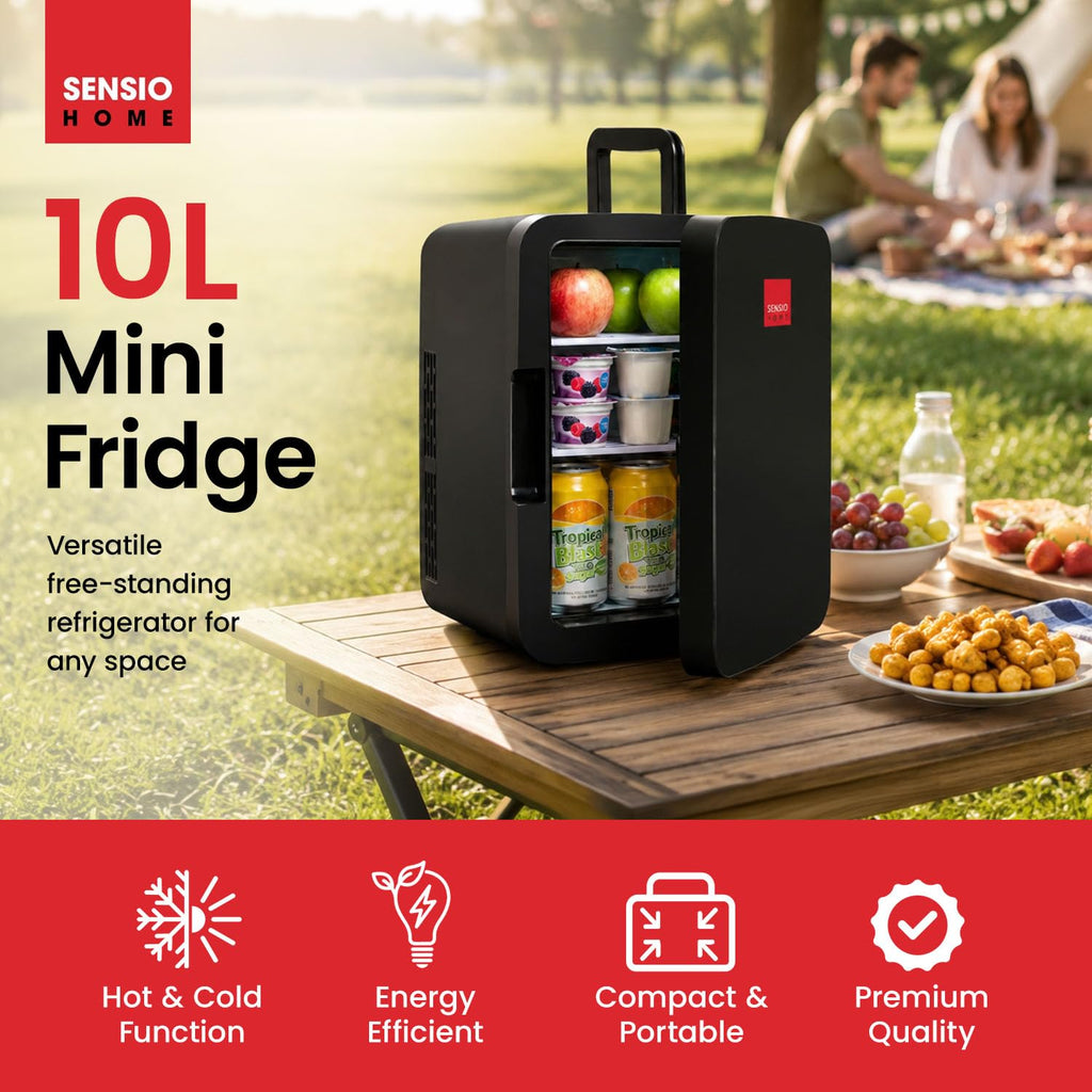SENSIOHOME 10L Mini Fridge Cooler & Warmer for Drinks, Food, Skincare, Beauty, Makeup, Medicine, Insulin, Milk, AC+DC, 12v, UK & EU Plug, Portable, For Home, Bedroom, Travel, Camping, Car, Gaming, Uni