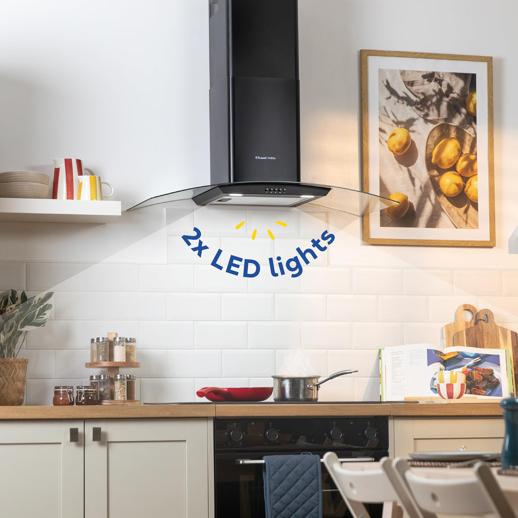 Russell Hobbs 60cm Curved Glass Cooker Hood in Stainless Steel with 3 Speed Settings, 1 x Carbon Filter, Extraction or Recirculation, 540m³/h Extraction Rate, A+ Energy Rating, RH60GCH92A1SS