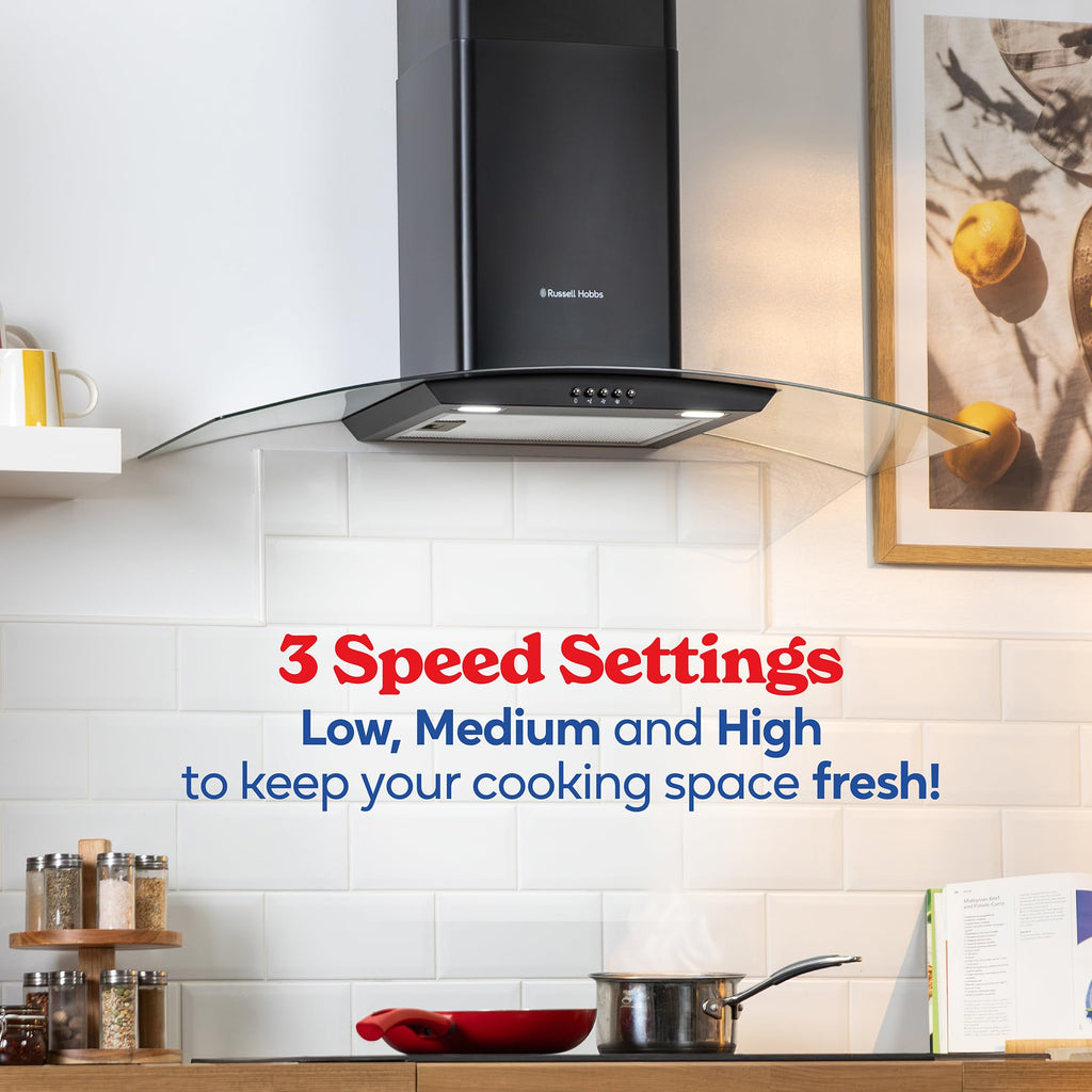 Russell Hobbs 60cm Curved Glass Cooker Hood in Stainless Steel with 3 Speed Settings, 1 x Carbon Filter, Extraction or Recirculation, 540m³/h Extraction Rate, A+ Energy Rating, RH60GCH92A1SS