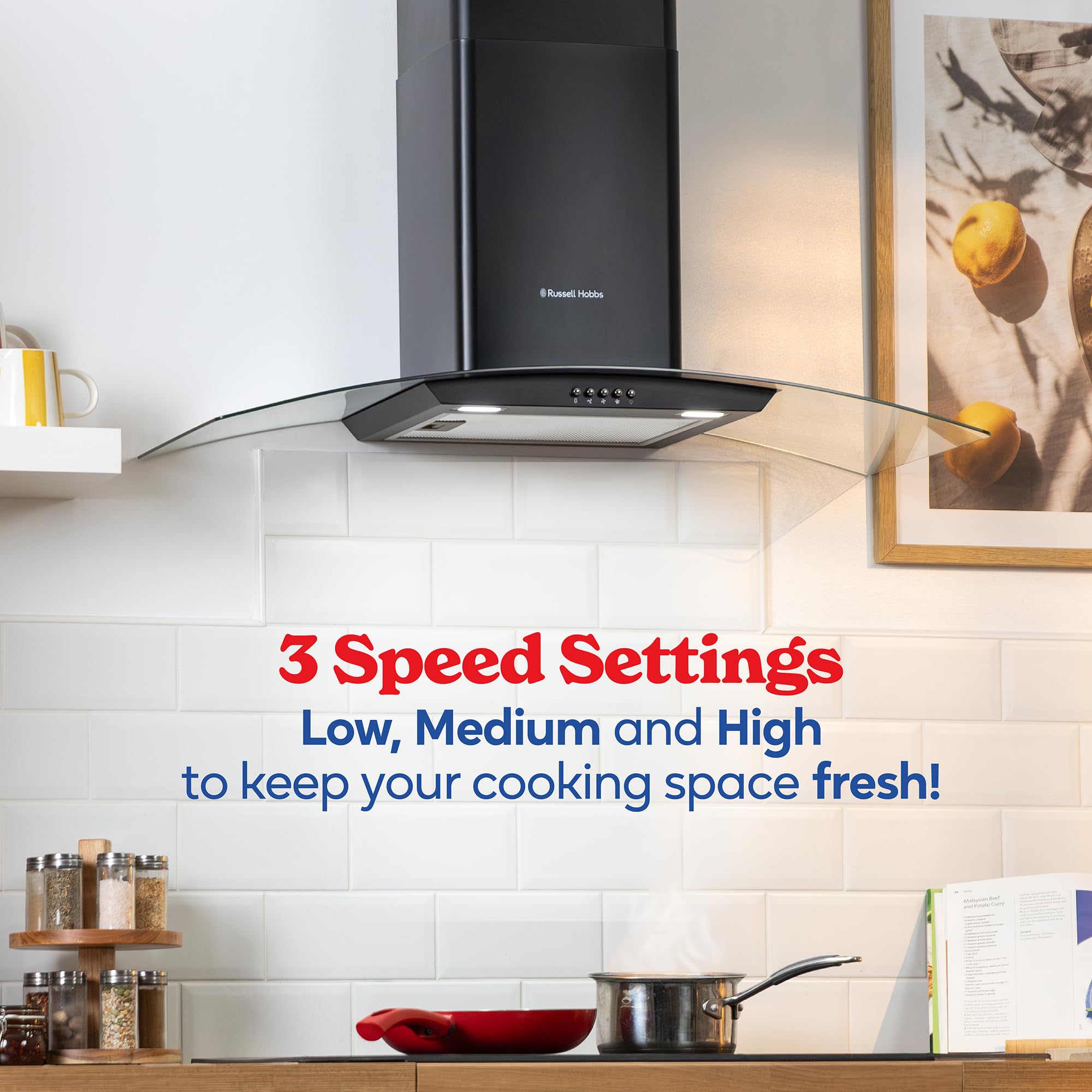 Russell Hobbs 60cm Curved Glass Cooker Hood in Stainless Steel with 3 Speed Settings, 1 x Carbon Filter, Extraction or Recirculation, 540m³/h Extraction Rate, A+ Energy Rating, RH60GCH92A1SS