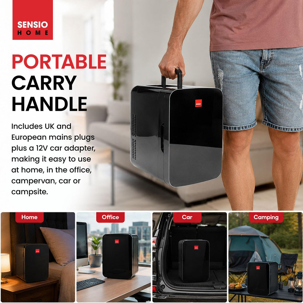 SENSIOHOME 10L Mini Fridge Cooler & Warmer for Drinks, Food, Skincare, Beauty, Makeup, Medicine, Insulin, Milk, AC+DC, 12v, UK & EU Plug, Portable, For Home, Bedroom, Travel, Camping, Car, Gaming, Uni