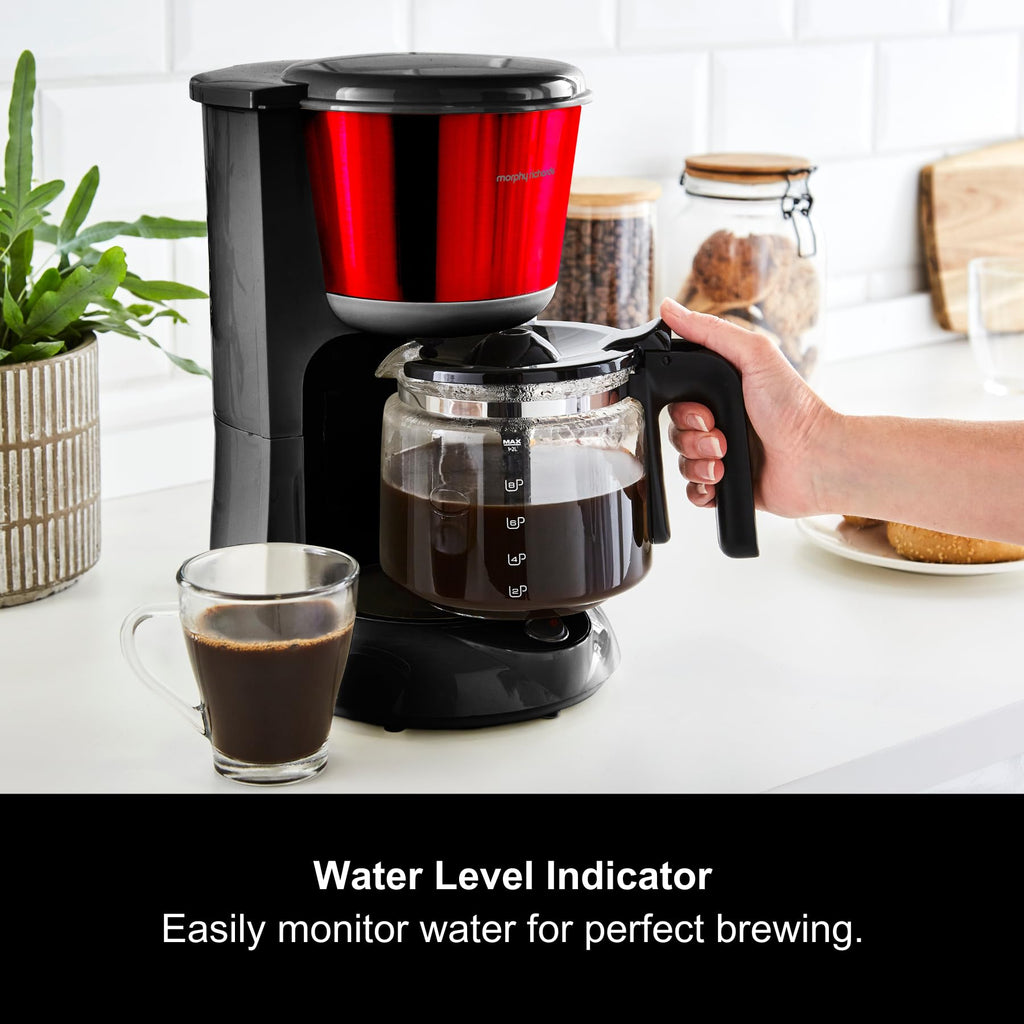 Morphy Richards Equip Filter Coffee Machine, Coffee Maker for Instant Coffee, Pour Over Technology, 10 Cup, Anti Drip, Reusable Filter, Keep Warm, Aroma Blender, Black/Brushed Steel, 162501
