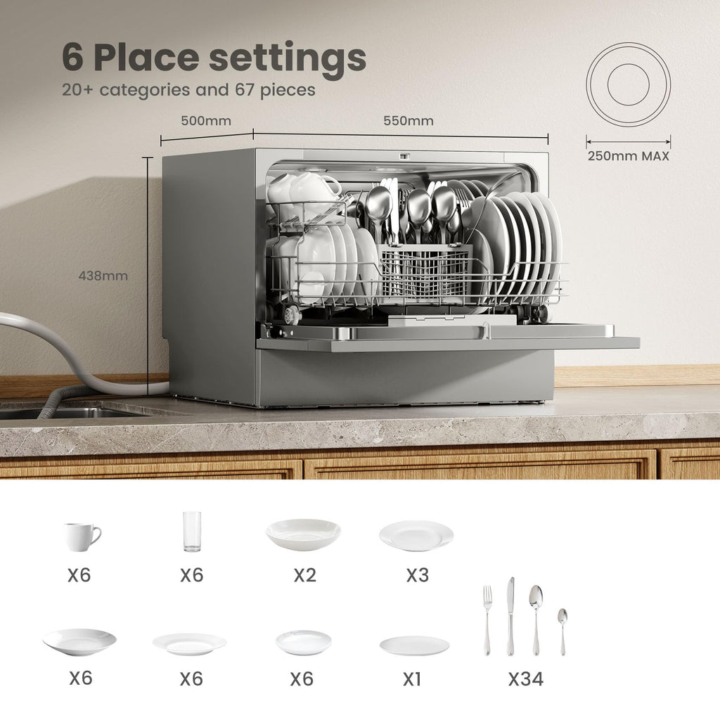 COMFEE' 2026 New Upgraded Table Top Dishwasher with 6 Place Settings, Mini Countertop Dishwasher for Small Families, Couples, Auto Open Dry, LED display, Delay Start, 47dB Quiet Noise, White