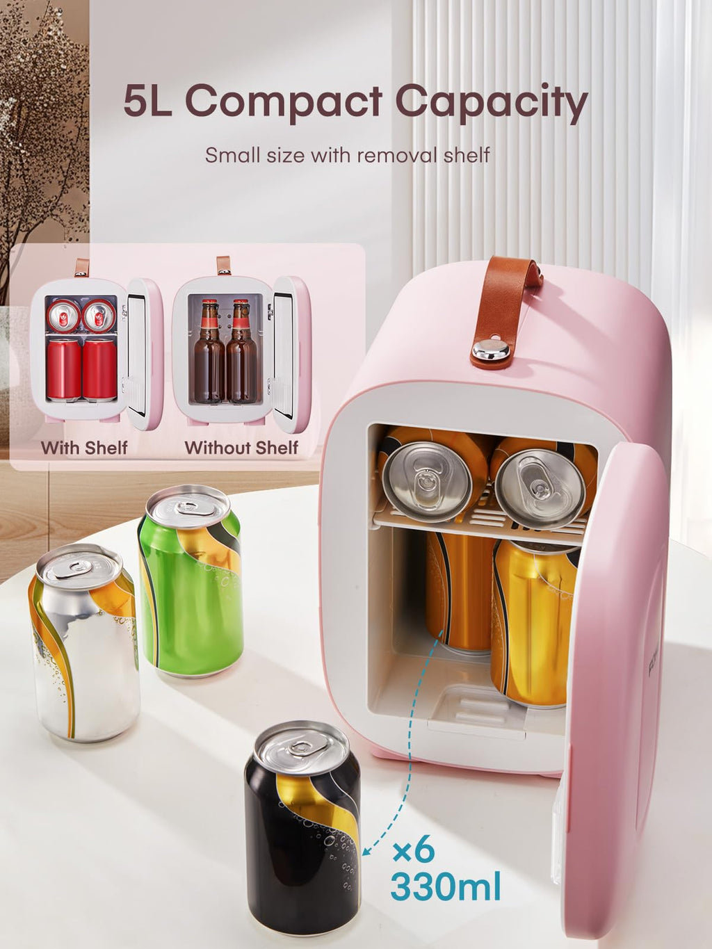 FOHERE Mini Fridge 5 Liter/6 Cans, Portable Mini Cooler & Warmer, AC+DC Power Compatibility, Small Fridge for Bedroom, Offices, Car, Skincare, Makeup, Cosmetics, Drinks, White