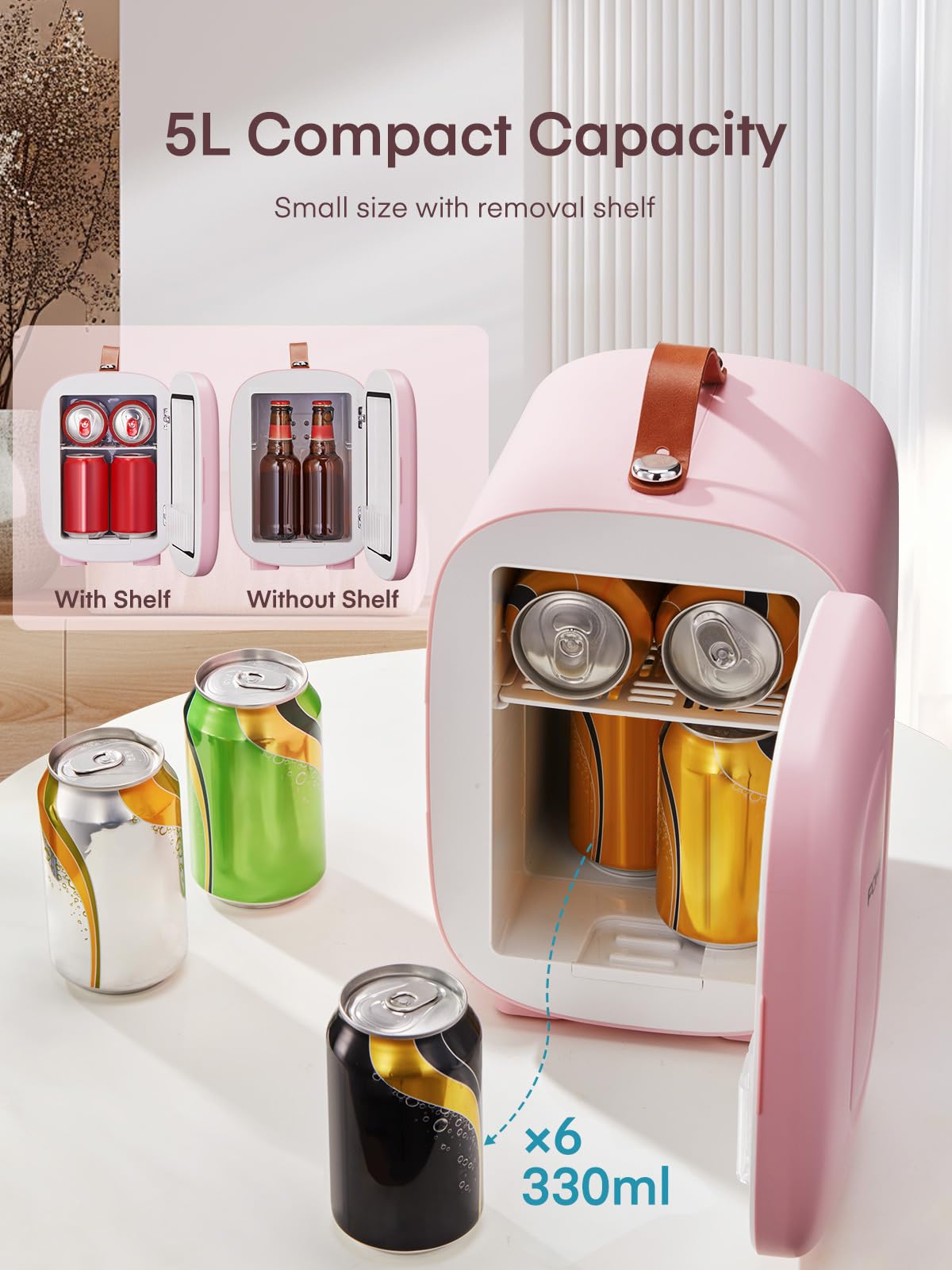 FOHERE Mini Fridge 5 Liter/6 Cans, Portable Mini Cooler & Warmer, AC+DC Power Compatibility, Small Fridge for Bedroom, Offices, Car, Skincare, Makeup, Cosmetics, Drinks, White