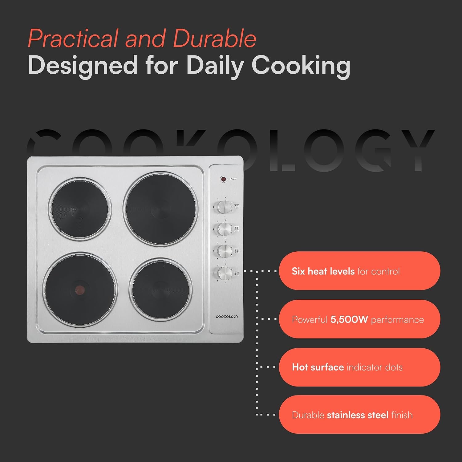 Cookology 60cm Solid Plate Electric Hob - 4 Cooking Zones - Built-in Worktop - 6 Heat Settings - Rotary Dials - Stainless Steel