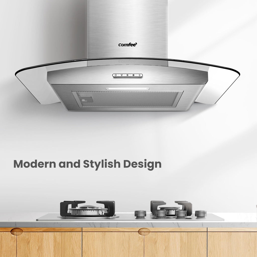 COMFEE' Canopy Cooker Hood 60cm GLAV17B-60 Curved Glass Chimney Hood with LED Light, 600mm Kitchen Extractor Fan Kitchen- Black