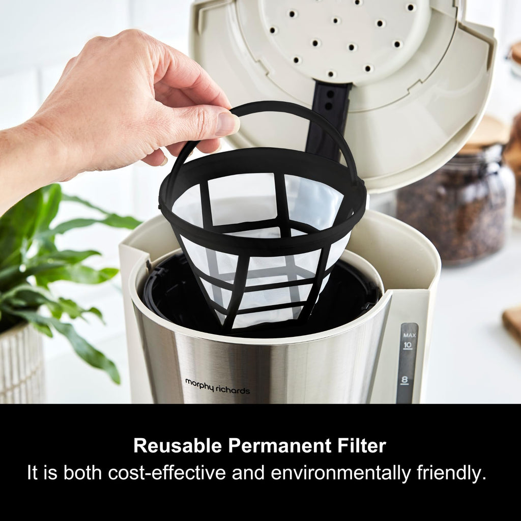 Morphy Richards Equip Filter Coffee Machine, Coffee Maker for Instant Coffee, Pour Over Technology, 10 Cup, Anti Drip, Reusable Filter, Keep Warm, Aroma Blender, Black/Brushed Steel, 162501