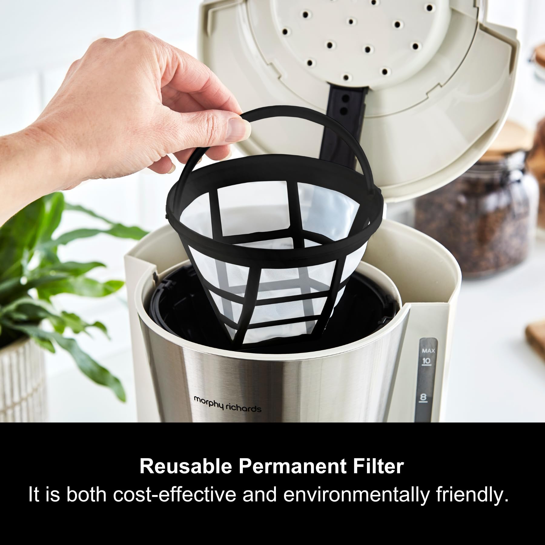 Morphy Richards Equip Filter Coffee Machine, Coffee Maker for Instant Coffee, Pour Over Technology, 10 Cup, Anti Drip, Reusable Filter, Keep Warm, Aroma Blender, Black/Brushed Steel, 162501