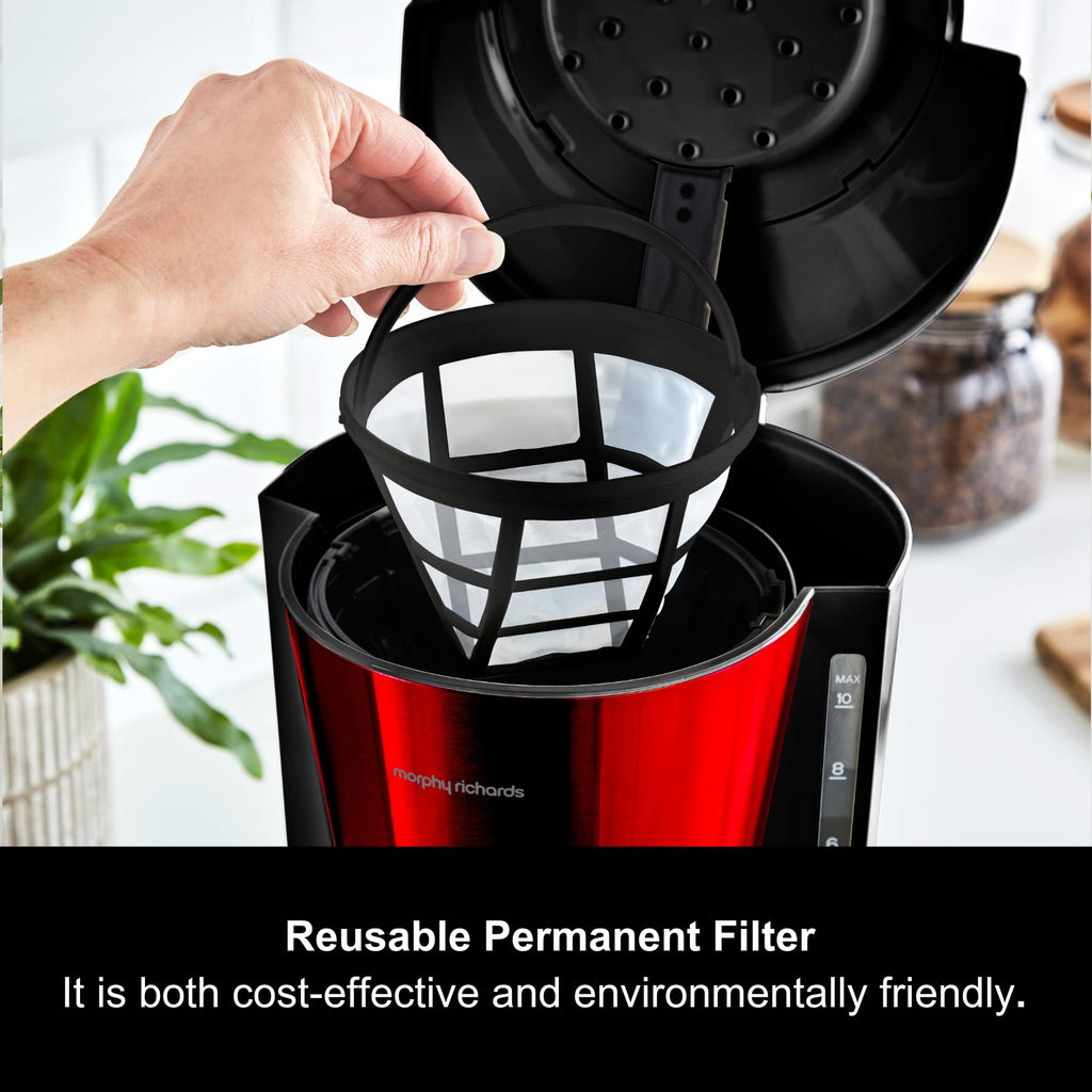 Morphy Richards Equip Filter Coffee Machine, Coffee Maker for Instant Coffee, Pour Over Technology, 10 Cup, Anti Drip, Reusable Filter, Keep Warm, Aroma Blender, Black/Brushed Steel, 162501