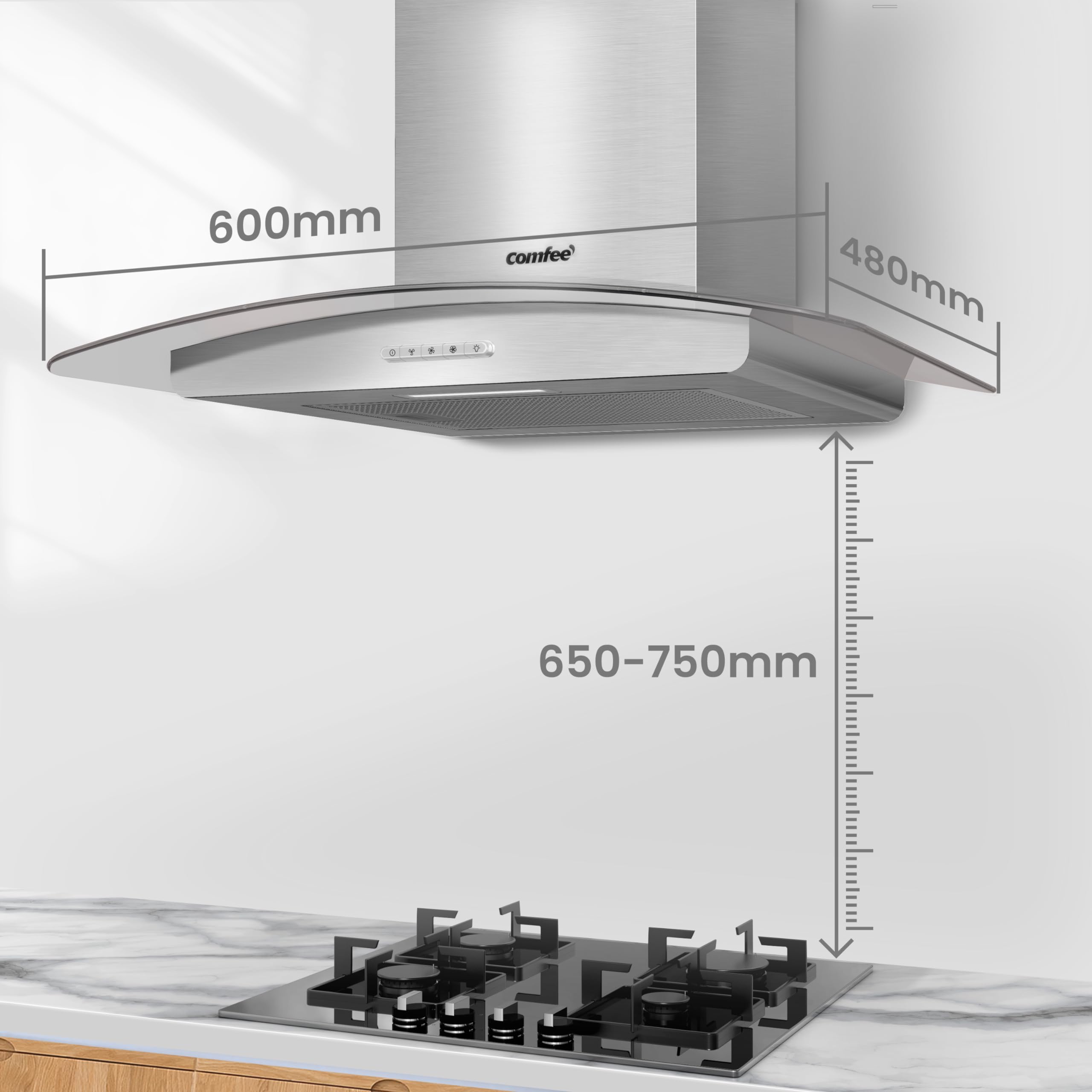 COMFEE' Canopy Cooker Hood 60cm GLAV17B-60 Curved Glass Chimney Hood with LED Light, 600mm Kitchen Extractor Fan Kitchen- Black