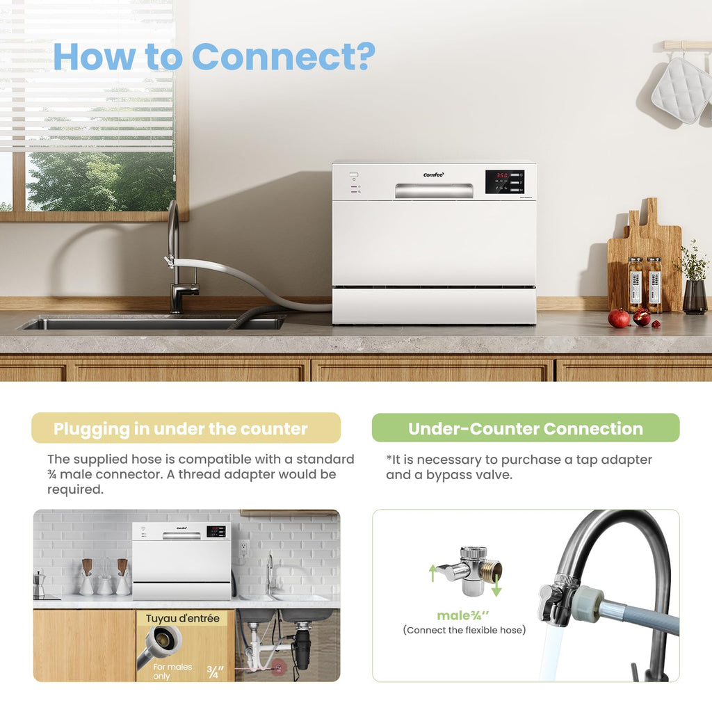 COMFEE' 2026 New Upgraded Table Top Dishwasher with 6 Place Settings, Mini Countertop Dishwasher for Small Families, Couples, Auto Open Dry, LED display, Delay Start, 47dB Quiet Noise, White