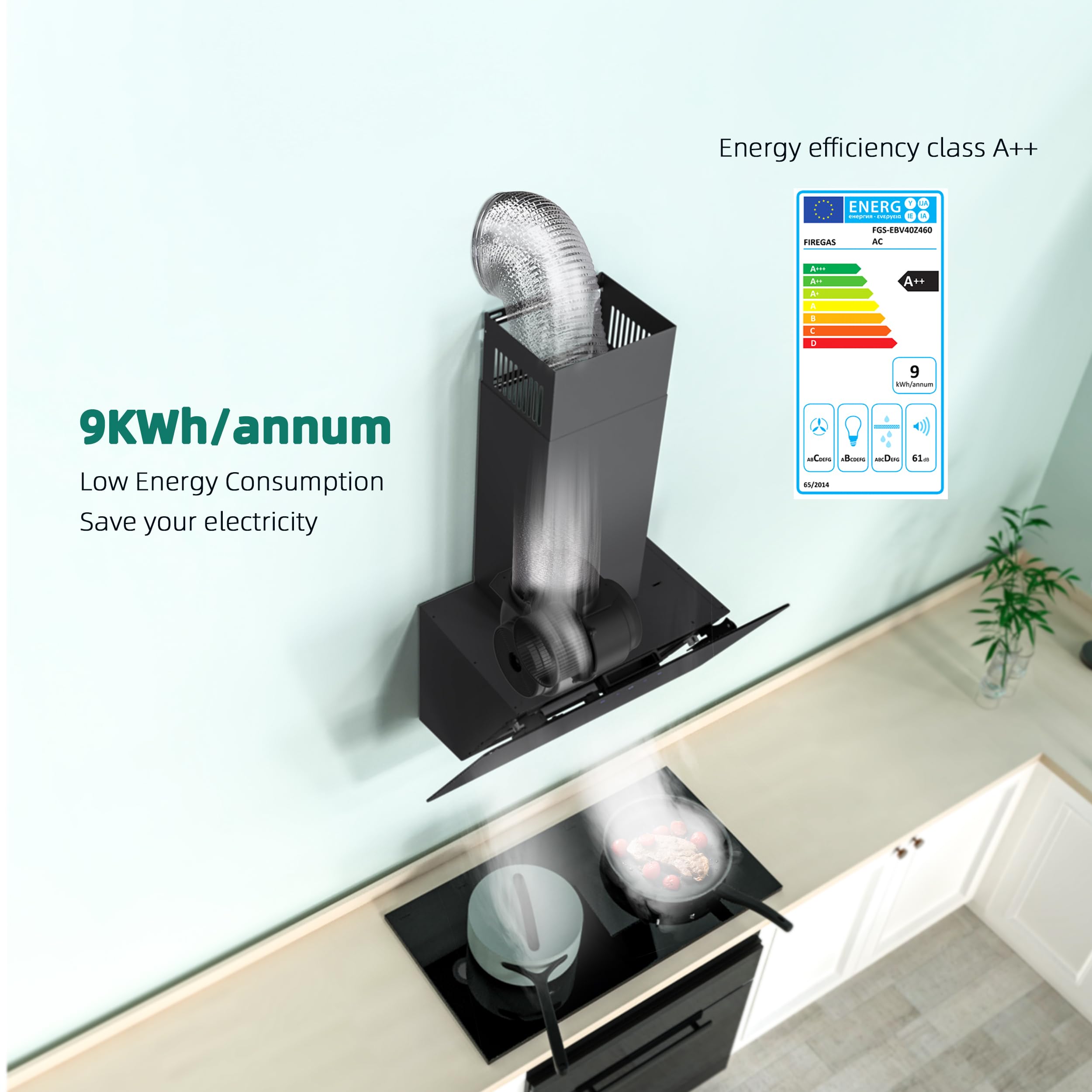 FIREGAS 60cm Angled Chimney Cooker Hood with LED Lights, Brushless Motor, Low Noise,Touch Control,Efficiency A++