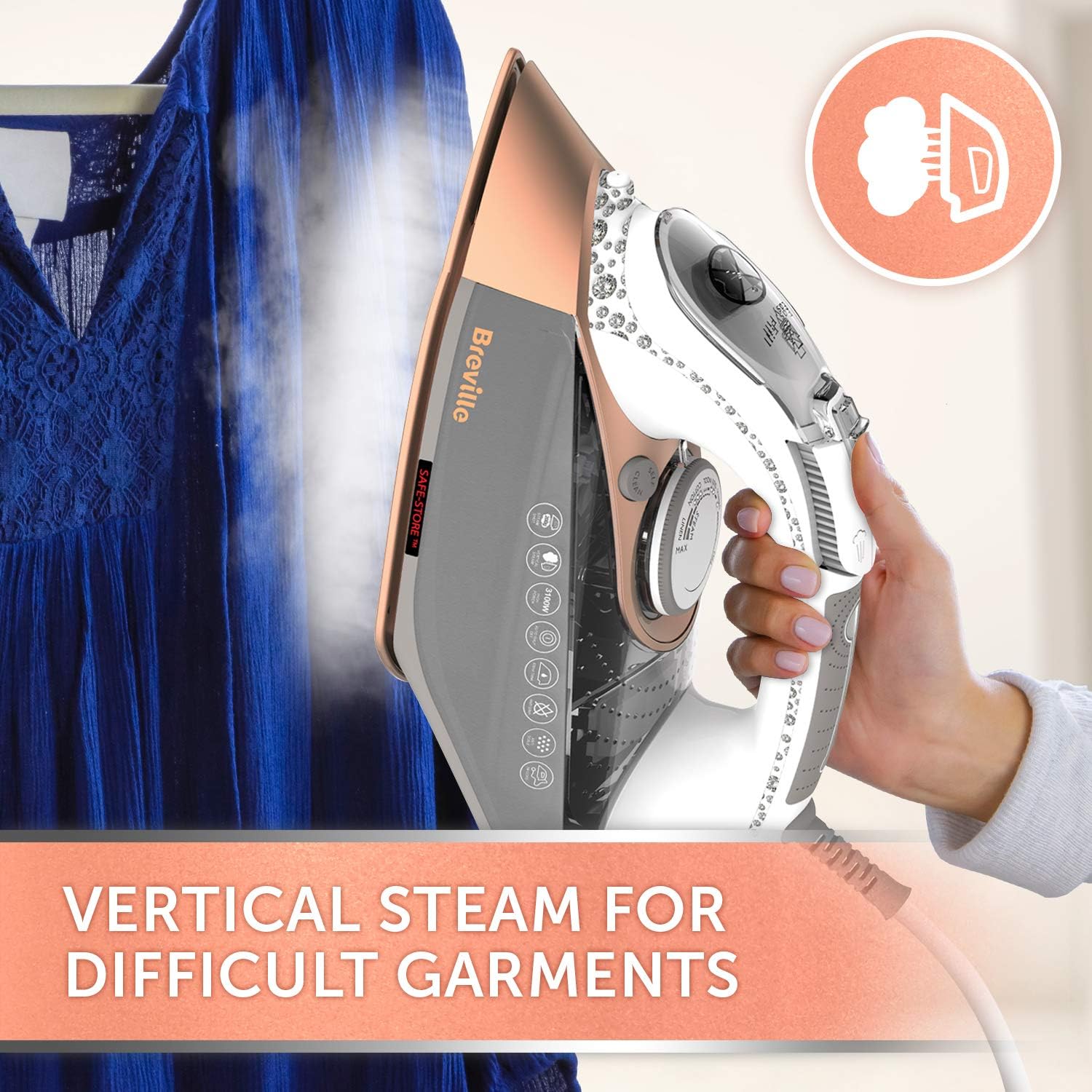Breville DiamondXpress Steam Iron | 3100 W | 200G Steam Shot | Multi-Directional Diamond Ceramic Soleplate | 400 ml Easy-Fill Water Tank White & Rose Gold | VIN401