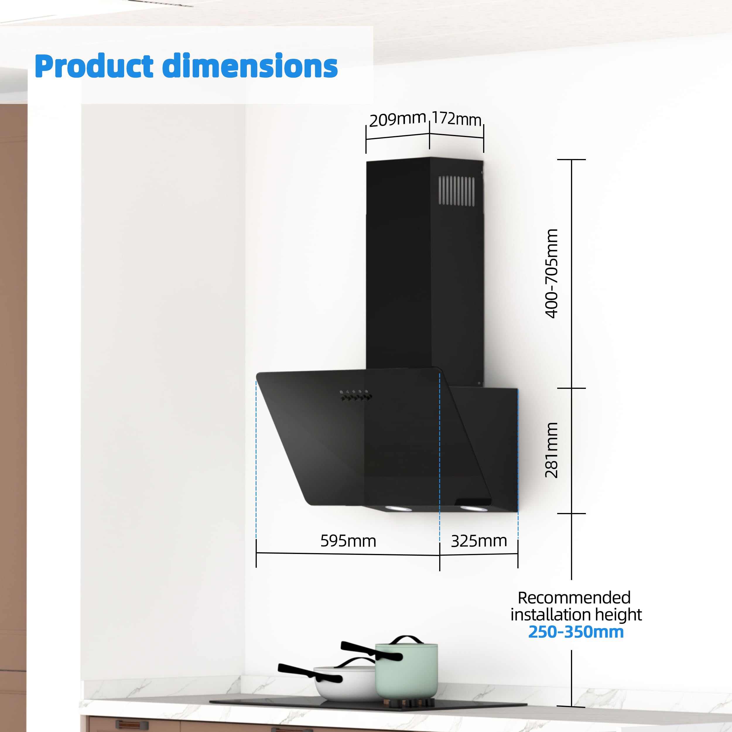 FIREGAS 60cm Angled Chimney Cooker Hood with LED Lights, Brushless Motor, Low Noise,Touch Control,Efficiency A++