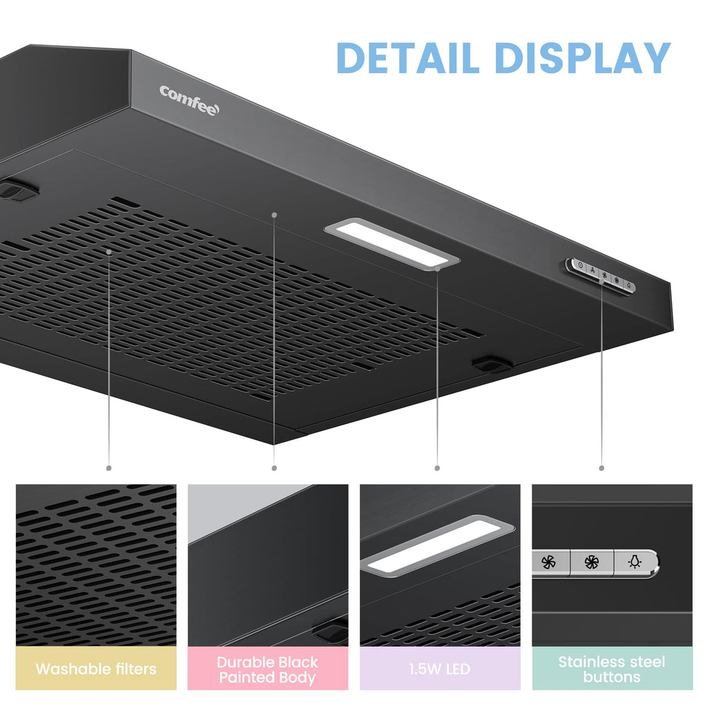 COMFEE' Visor Cooker Hood SLIF17SS-60 LED Extractor Hood Under Cabinet Hood Wall Mounted Extractor Fan Kitchen 60cm Top Vented Range Hood - Stainless Steel