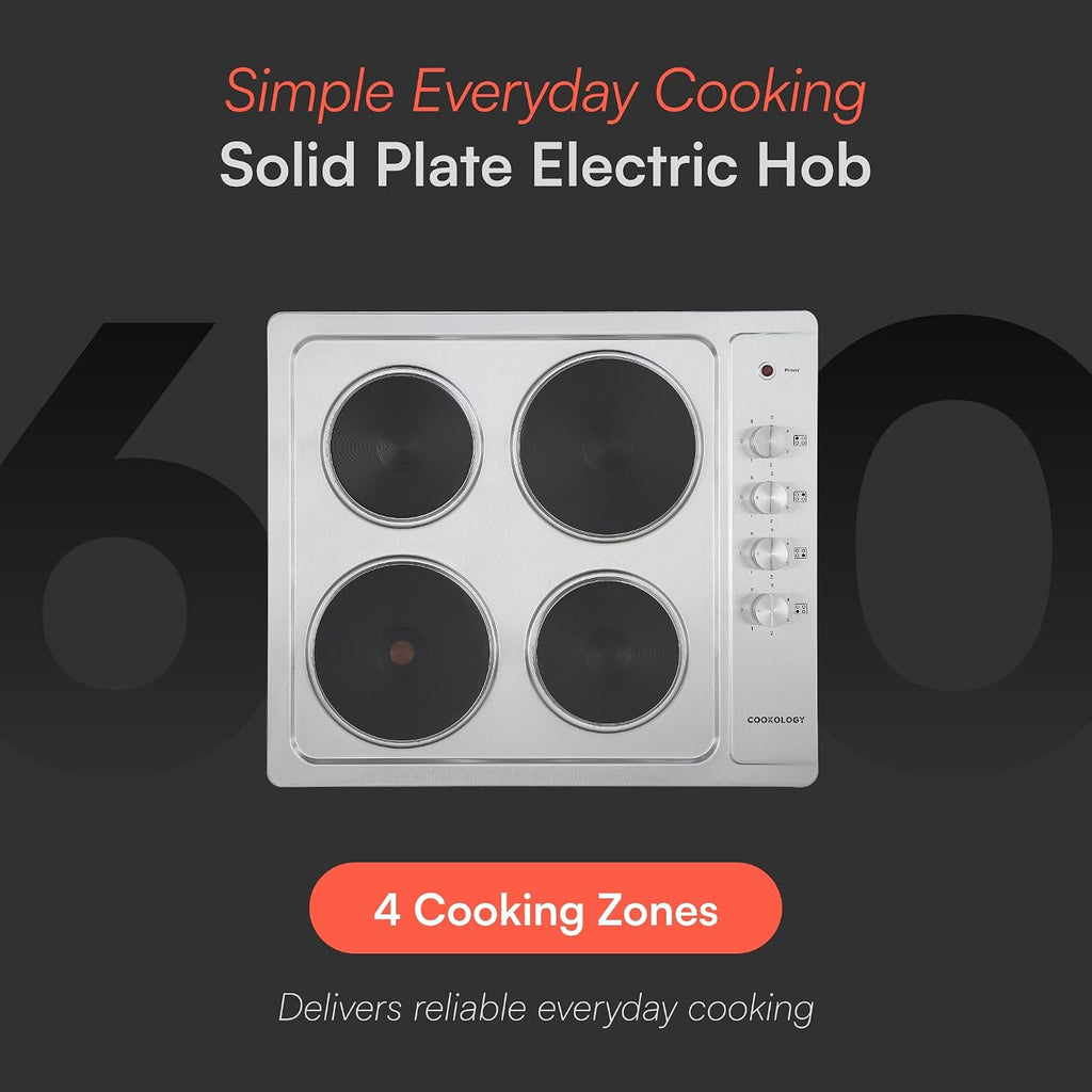 Cookology 60cm Solid Plate Electric Hob - 4 Cooking Zones - Built-in Worktop - 6 Heat Settings - Rotary Dials - Stainless Steel