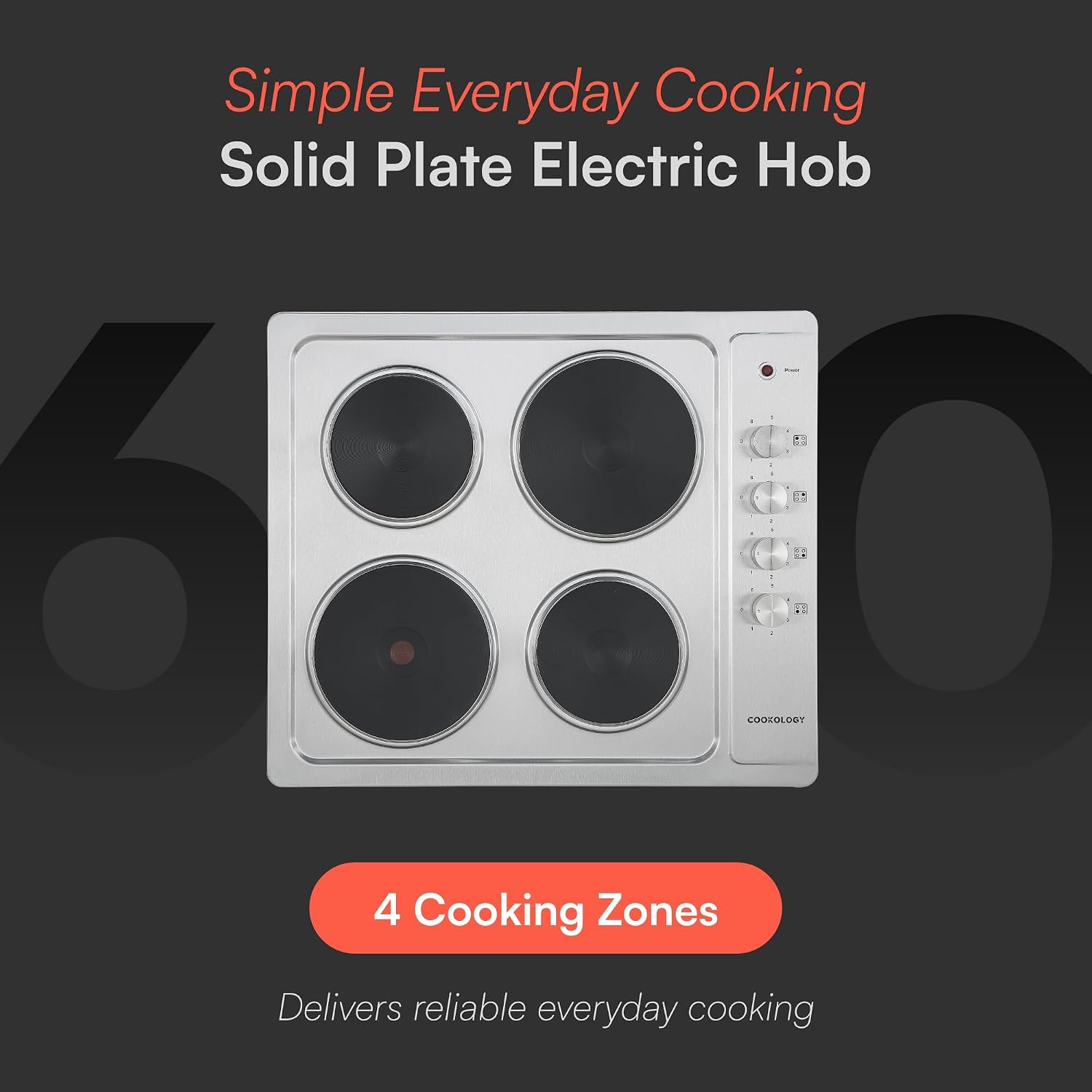 Cookology 60cm Solid Plate Electric Hob - 4 Cooking Zones - Built-in Worktop - 6 Heat Settings - Rotary Dials - Stainless Steel