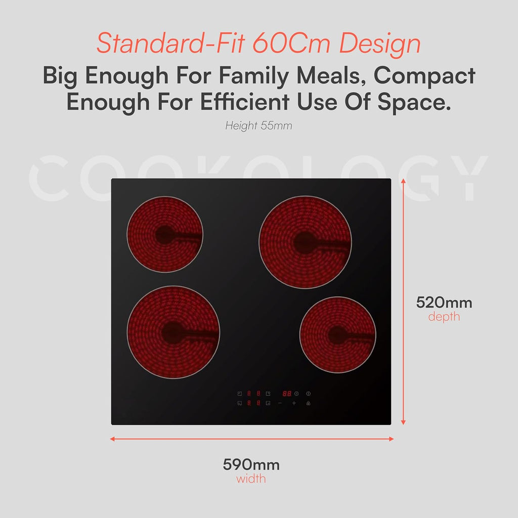 Cookology 60cm Electric Ceramic Hob - 4 Zone 6000W - Touch Control Panel - 9 Power Levels - Residual Heat Indicators & Child Lock - Easy-Clean