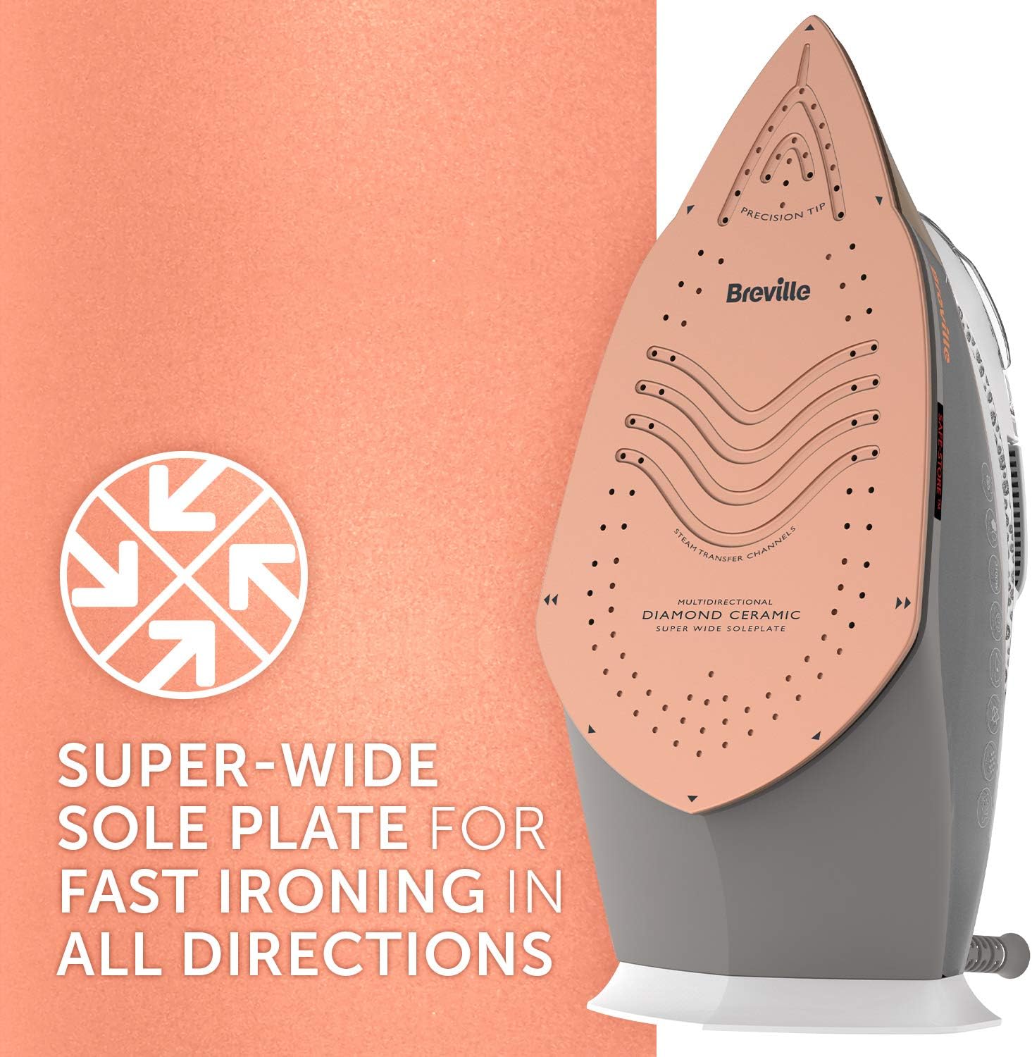 Breville DiamondXpress Steam Iron | 3100 W | 200G Steam Shot | Multi-Directional Diamond Ceramic Soleplate | 400 ml Easy-Fill Water Tank White & Rose Gold | VIN401