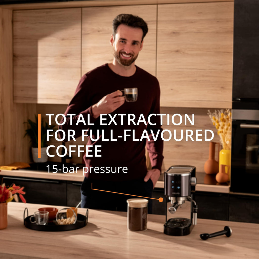 Krups Virtuoso+ Pump Espresso Machine – Compact Black Stainless-Steel Design, 15-Bar Pump for Rich Extraction, Auto Flow-Stop, 4-Button Interface & Steam Nozzle for Espresso & Cappuccino - XP444GG0