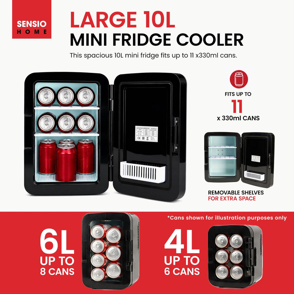 SENSIOHOME 10L Mini Fridge Cooler & Warmer for Drinks, Food, Skincare, Beauty, Makeup, Medicine, Insulin, Milk, AC+DC, 12v, UK & EU Plug, Portable, For Home, Bedroom, Travel, Camping, Car, Gaming, Uni
