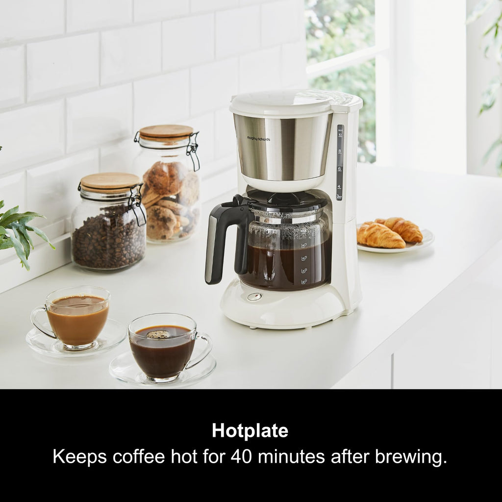 Morphy Richards Equip Filter Coffee Machine, Coffee Maker for Instant Coffee, Pour Over Technology, 10 Cup, Anti Drip, Reusable Filter, Keep Warm, Aroma Blender, Black/Brushed Steel, 162501