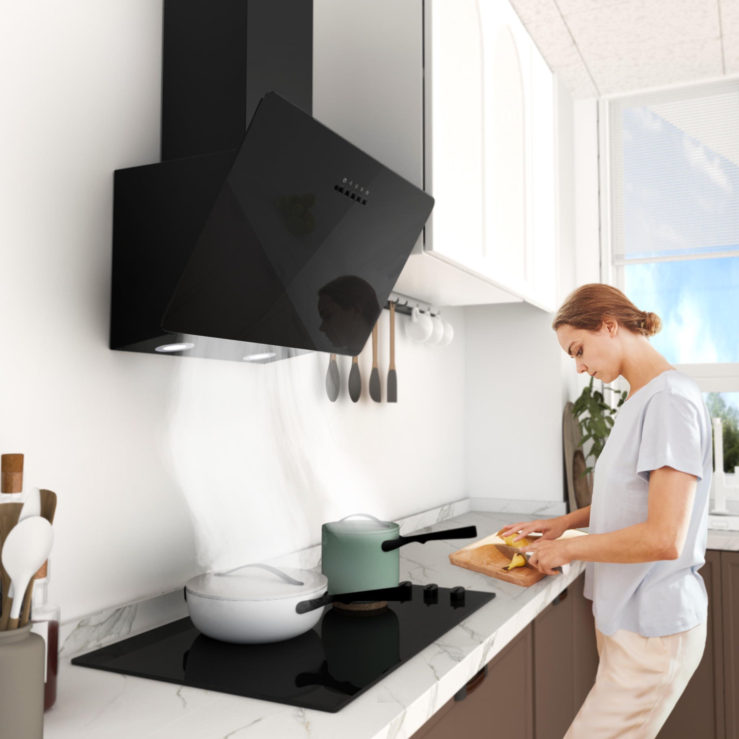 FIREGAS 60cm Angled Chimney Cooker Hood with LED Lights, Brushless Motor, Low Noise,Touch Control,Efficiency A++