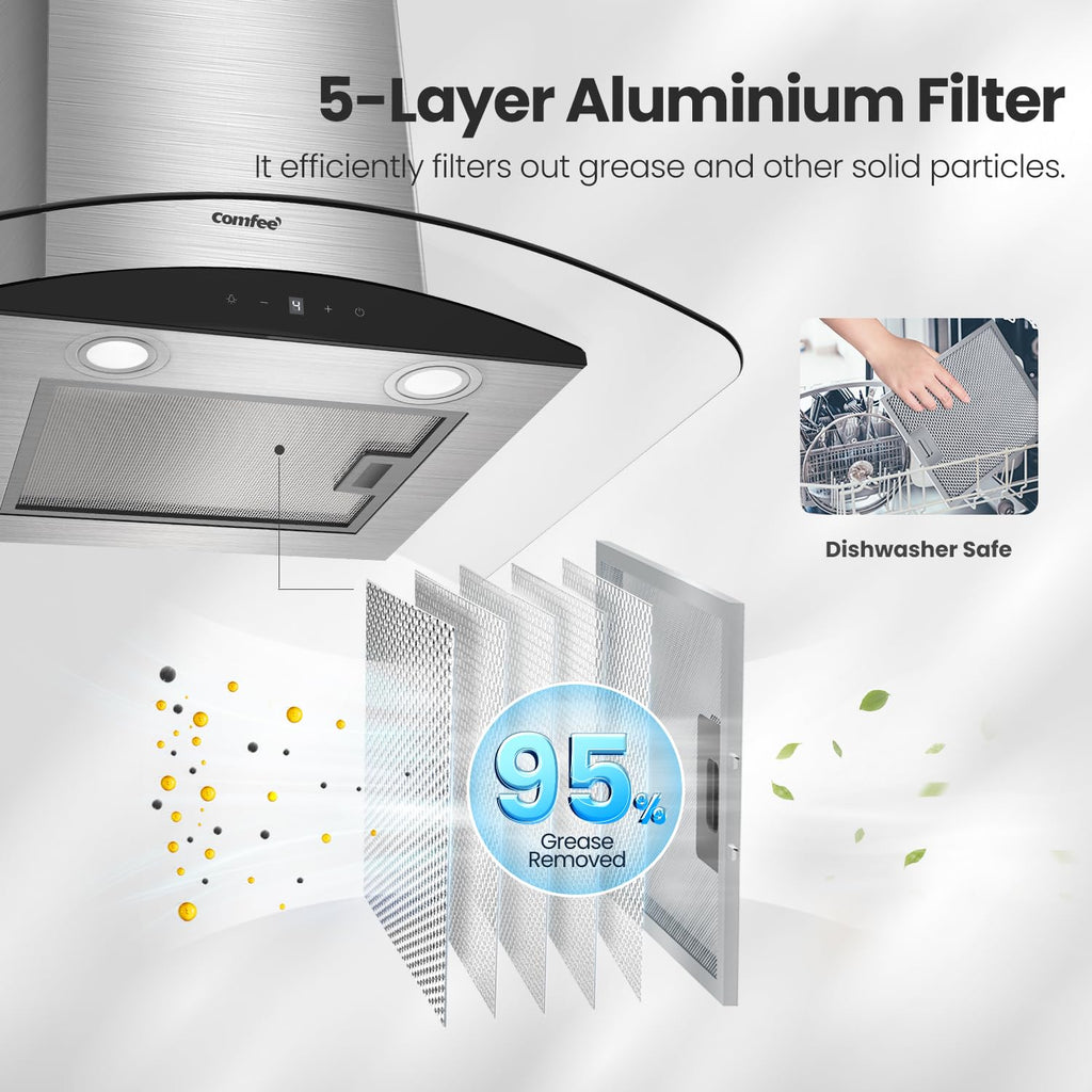 COMFEE' Canopy Cooker Hood 60cm GLAV17B-60 Curved Glass Chimney Hood with LED Light, 600mm Kitchen Extractor Fan Kitchen- Black