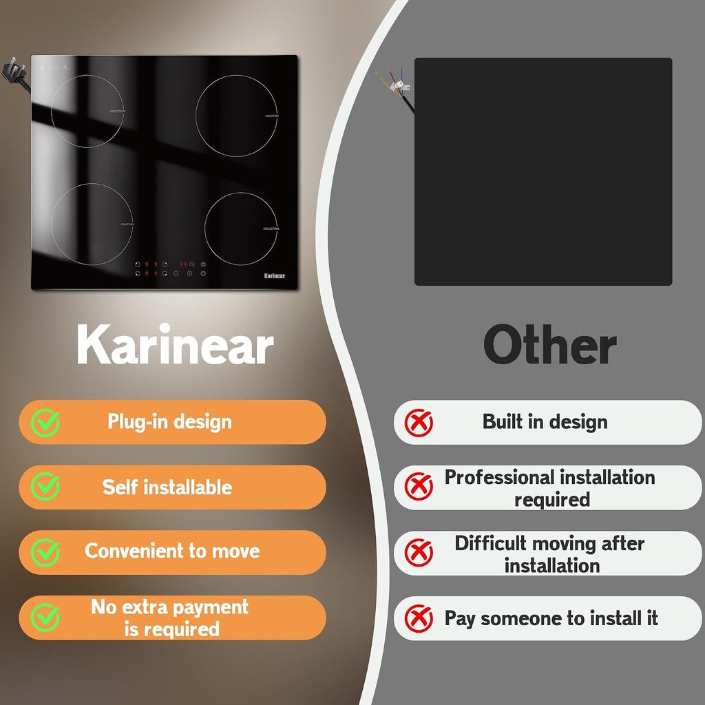 Karinear Induction Hob, 4 Zones Built-in Induction Hob 60cm, with Touch Control 9 Power Level & Child Safety Lock, Timer, Black Crystal Glass