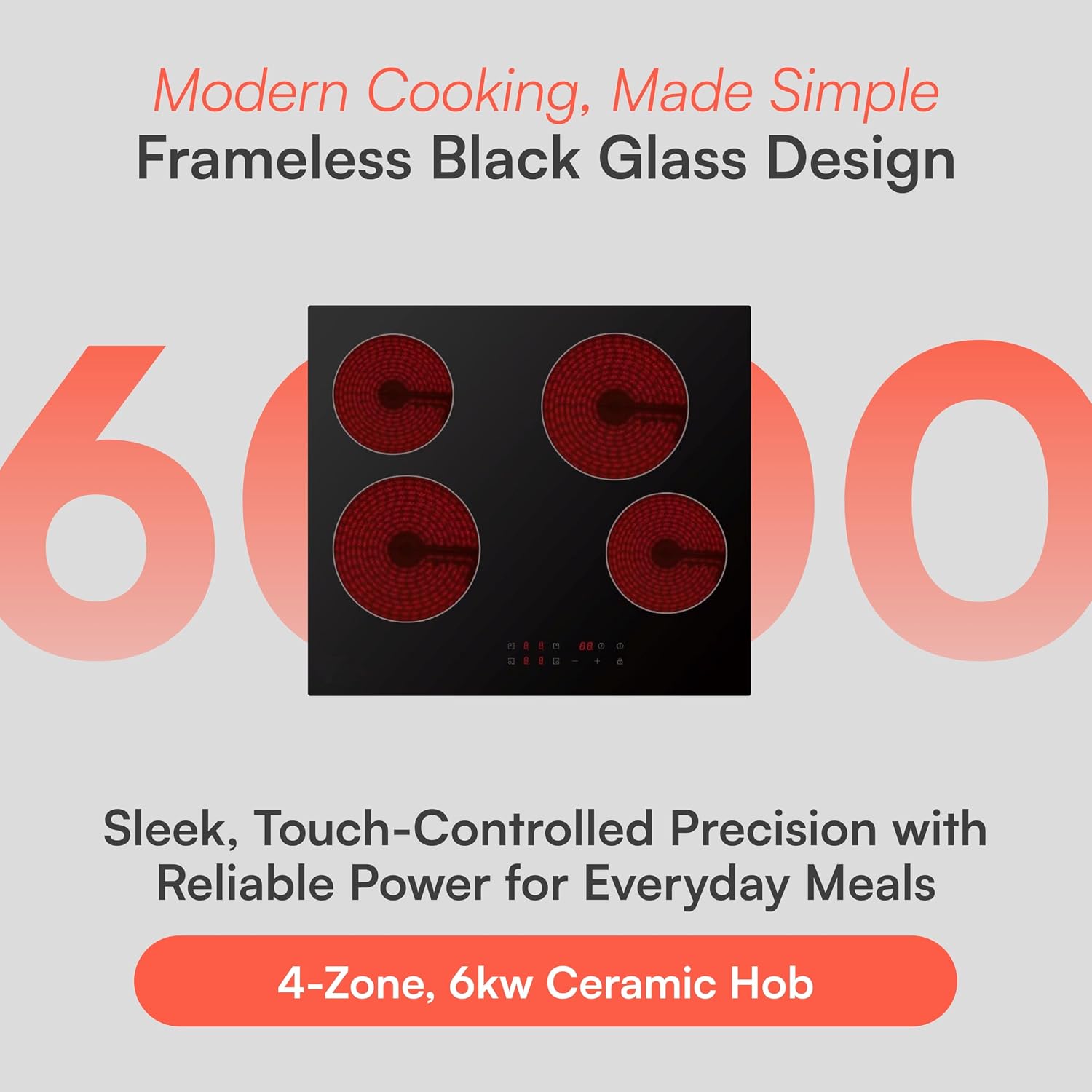 Cookology 60cm Electric Ceramic Hob - 4 Zone 6000W - Touch Control Panel - 9 Power Levels - Residual Heat Indicators & Child Lock - Easy-Clean