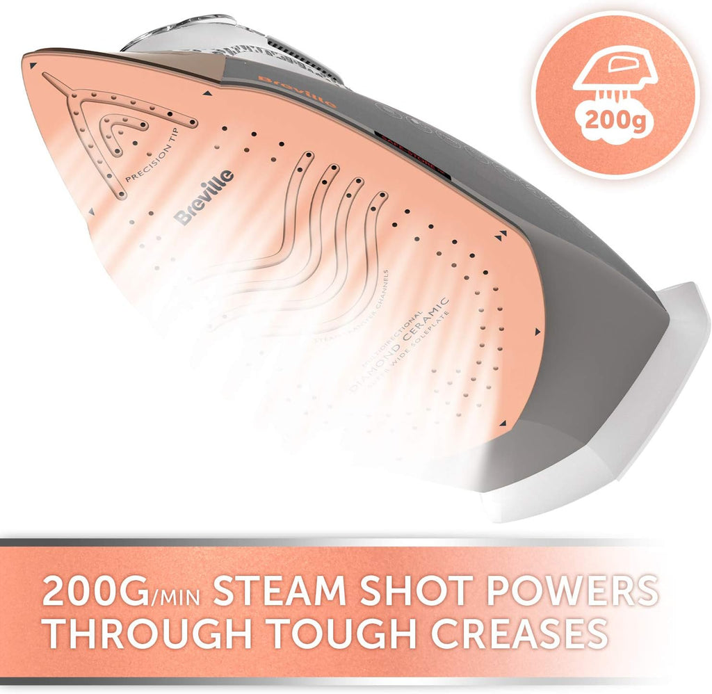 Breville DiamondXpress Steam Iron | 3100 W | 200G Steam Shot | Multi-Directional Diamond Ceramic Soleplate | 400 ml Easy-Fill Water Tank White & Rose Gold | VIN401