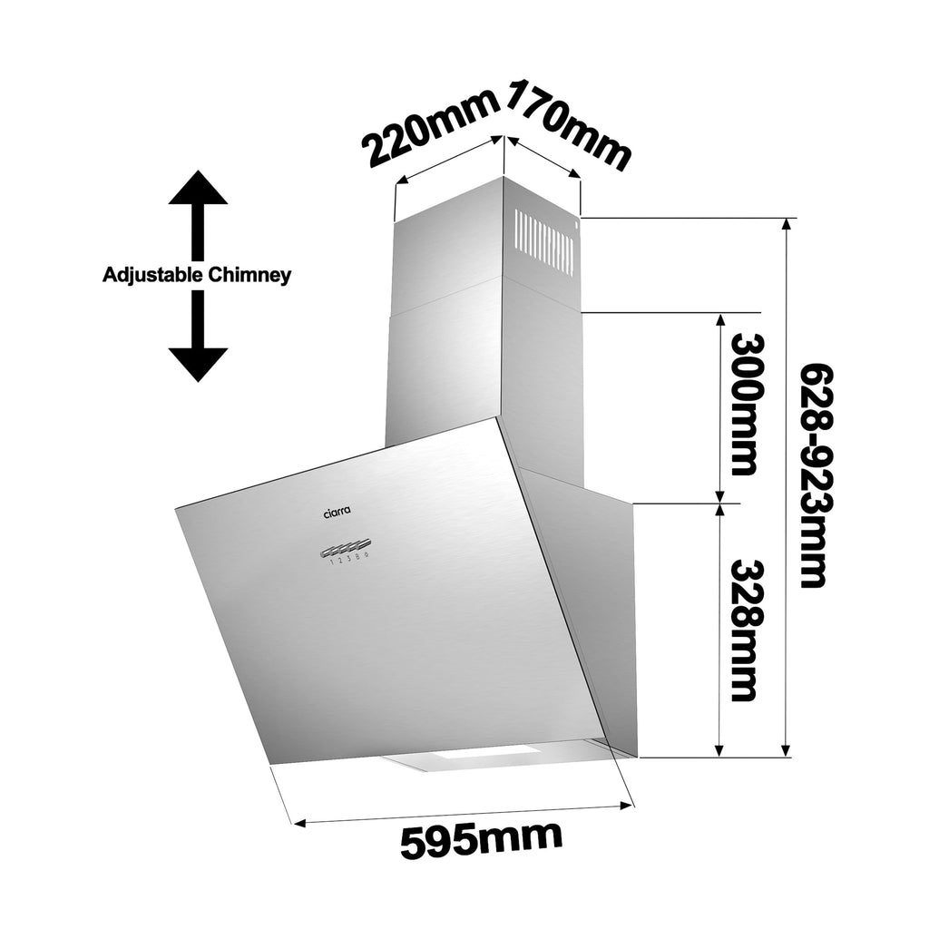 CIARRA CBCS6762A Angled Cooker Hood 60cm with CBCF003 Carbon Filters 650m³/h Head-Free Chimney Vent Hood with LED Lights Ducting&Recirculating Kitchen Extractor Fan