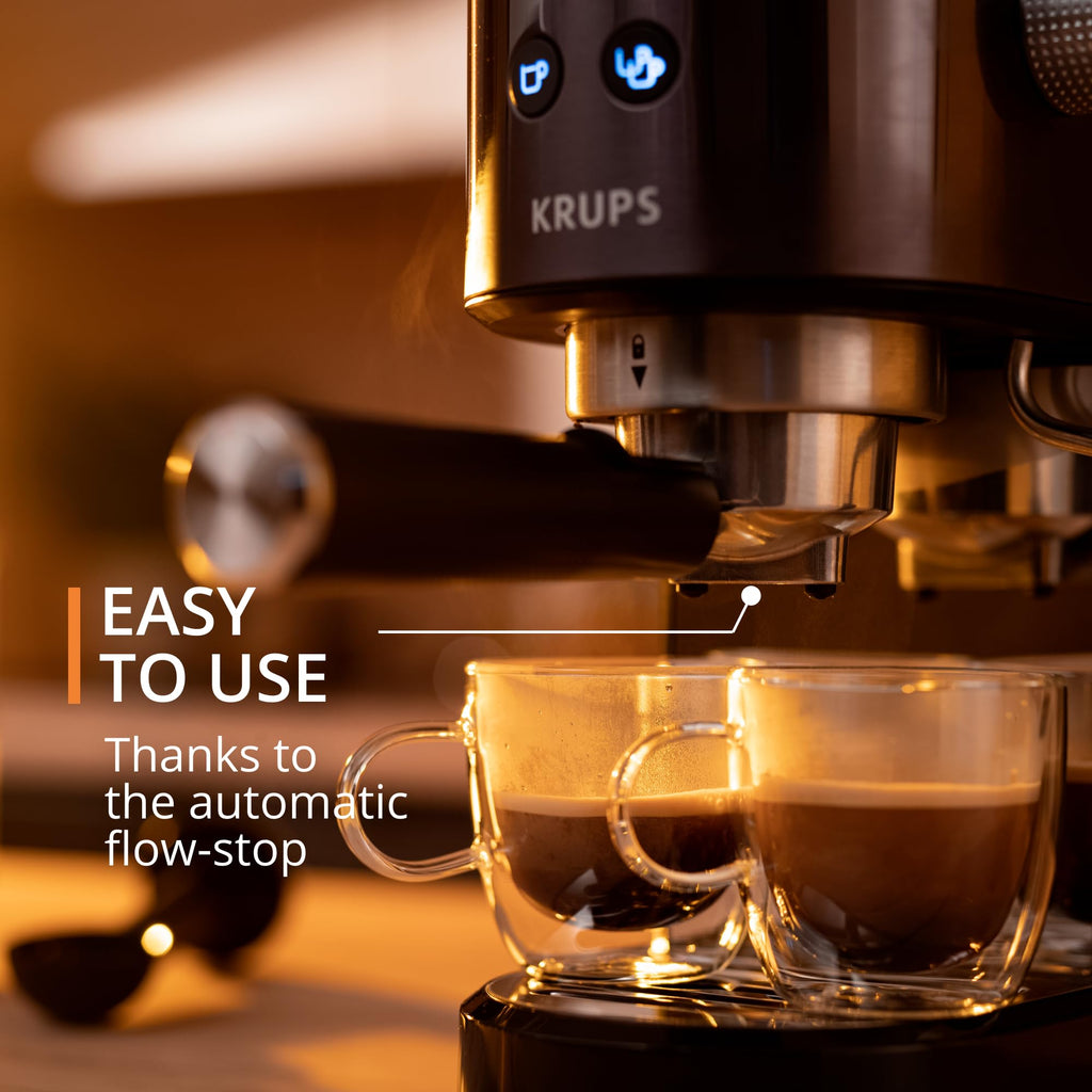 Krups Virtuoso+ Pump Espresso Machine – Compact Black Stainless-Steel Design, 15-Bar Pump for Rich Extraction, Auto Flow-Stop, 4-Button Interface & Steam Nozzle for Espresso & Cappuccino - XP444GG0