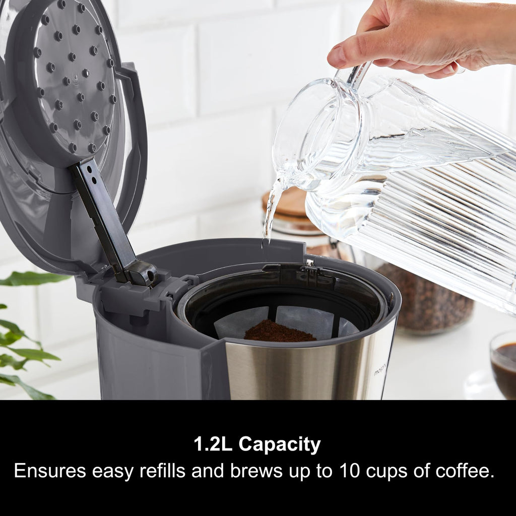 Morphy Richards Equip Filter Coffee Machine, Coffee Maker for Instant Coffee, Pour Over Technology, 10 Cup, Anti Drip, Reusable Filter, Keep Warm, Aroma Blender, Black/Brushed Steel, 162501