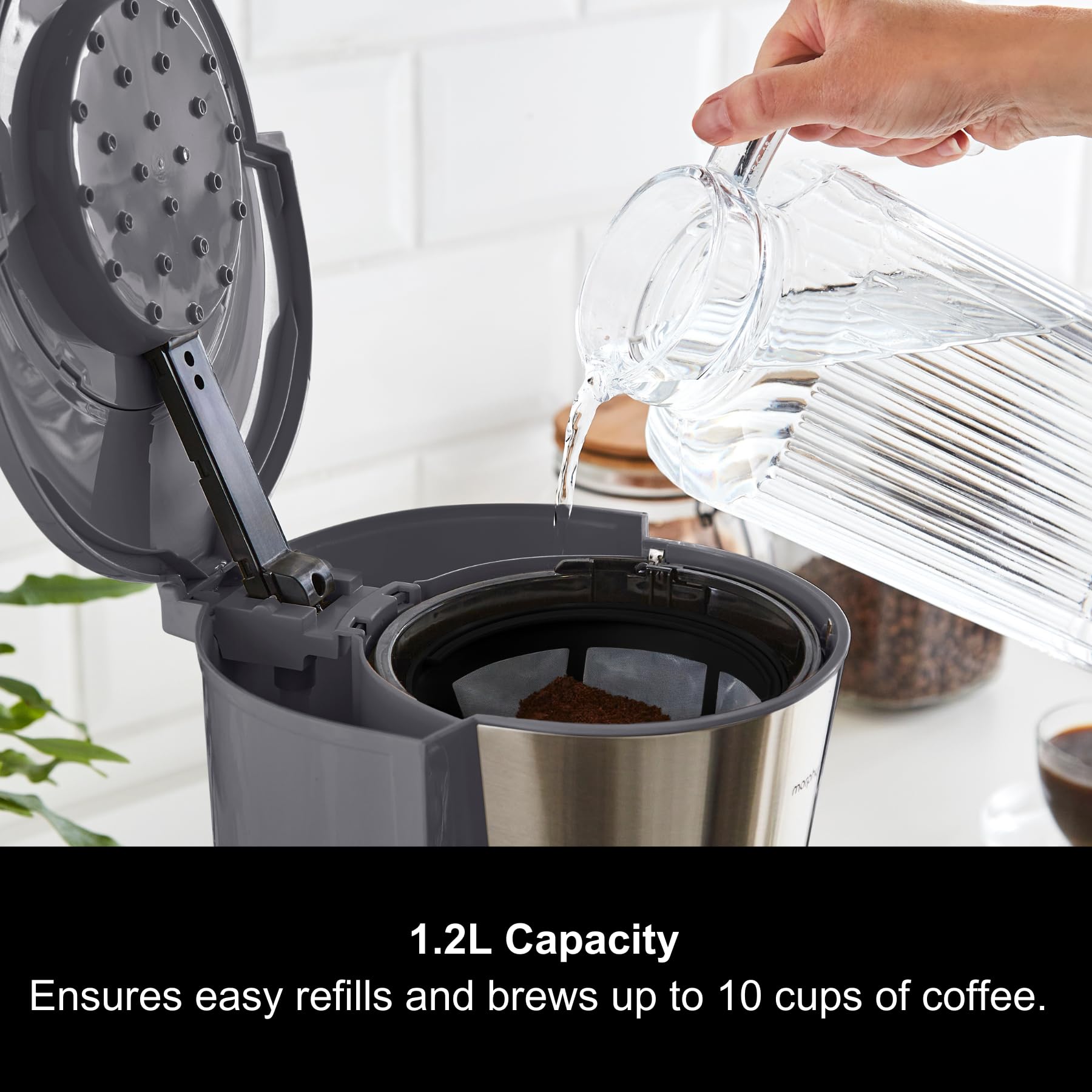 Morphy Richards Equip Filter Coffee Machine, Coffee Maker for Instant Coffee, Pour Over Technology, 10 Cup, Anti Drip, Reusable Filter, Keep Warm, Aroma Blender, Black/Brushed Steel, 162501