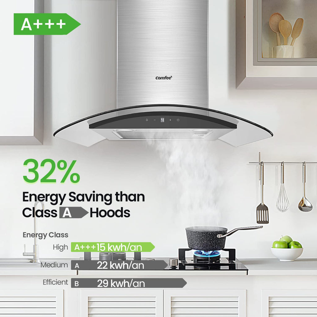 COMFEE' Canopy Cooker Hood 60cm GLAV17B-60 Curved Glass Chimney Hood with LED Light, 600mm Kitchen Extractor Fan Kitchen- Black