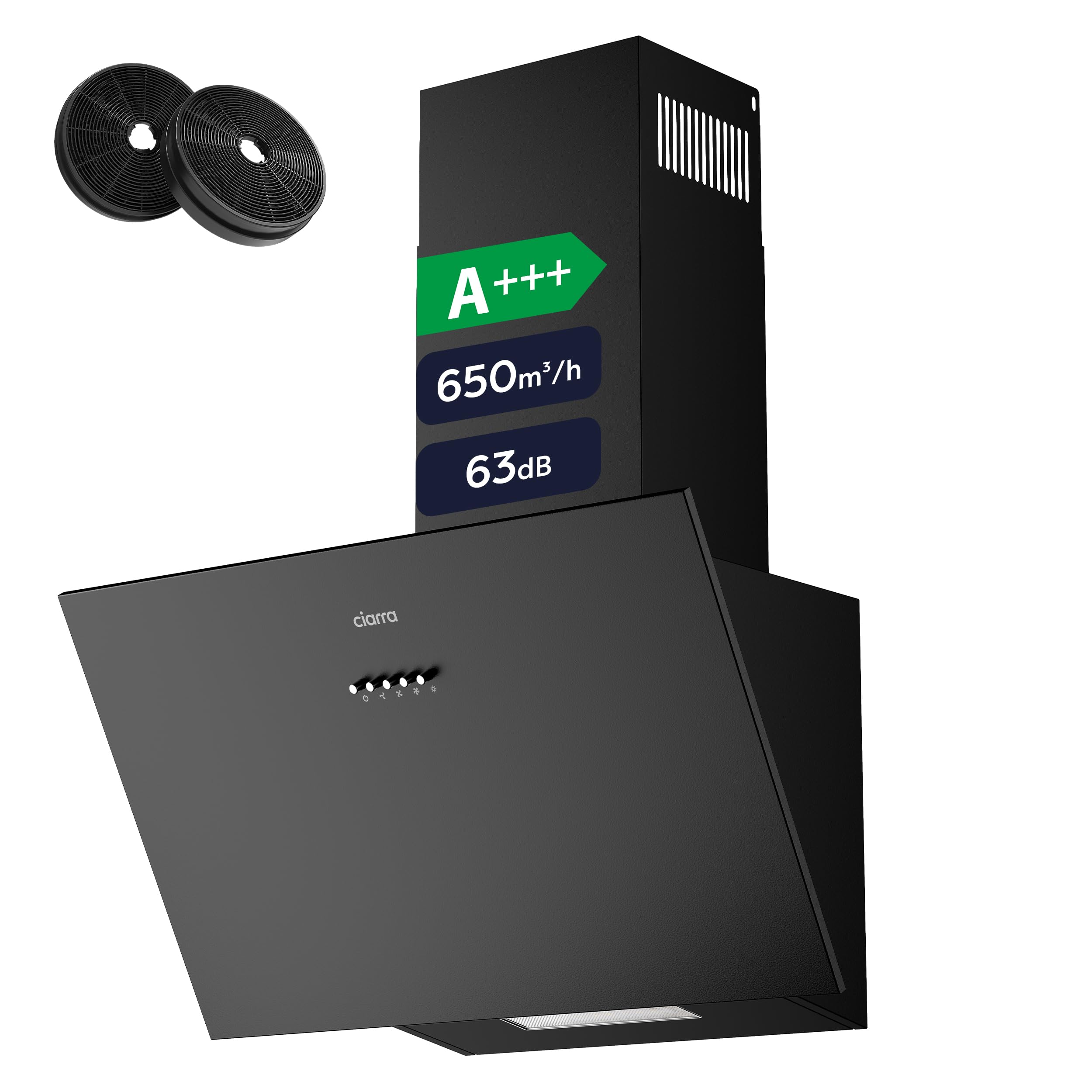 CIARRA CBCS6762A Angled Cooker Hood 60cm with CBCF003 Carbon Filters 650m³/h Head-Free Chimney Vent Hood with LED Lights Ducting&Recirculating Kitchen Extractor Fan