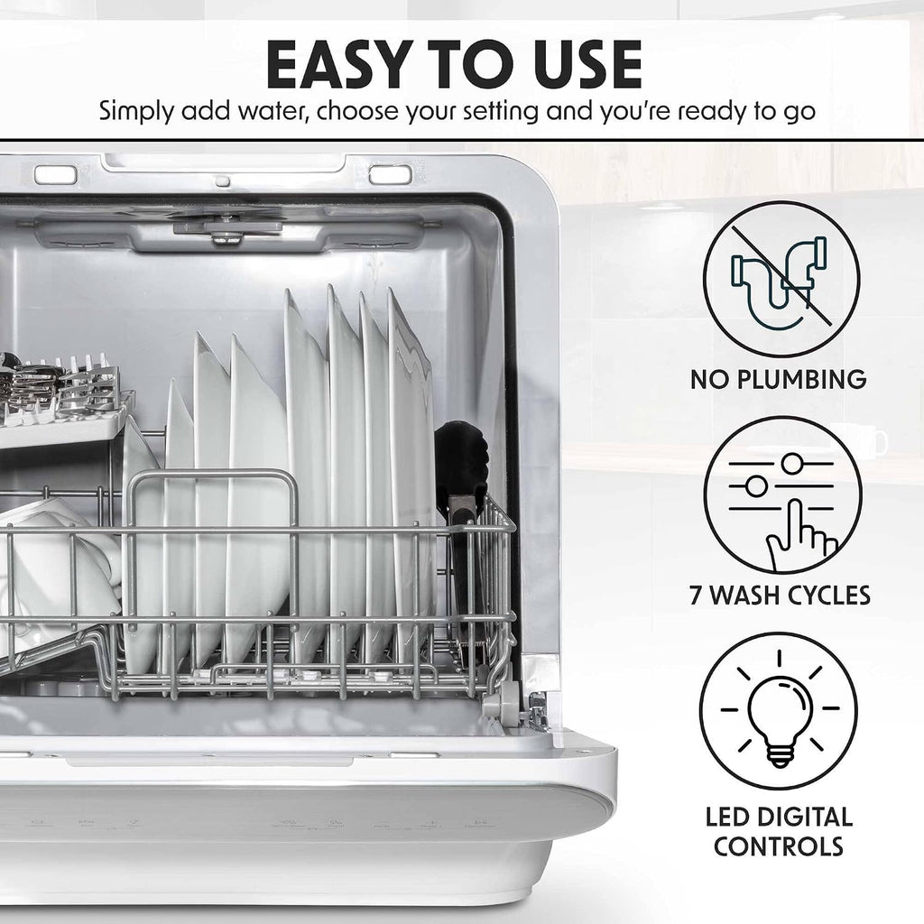 Baridi Mini Portable Tabletop 6L Dishwasher with 3 Place Settings, 7 Wash Functions - DH72