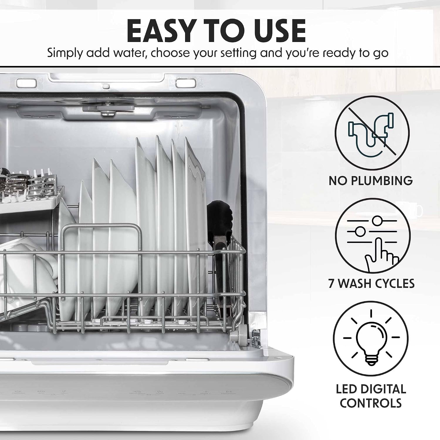 Baridi Mini Portable Tabletop 6L Dishwasher with 3 Place Settings, 7 Wash Functions - DH72