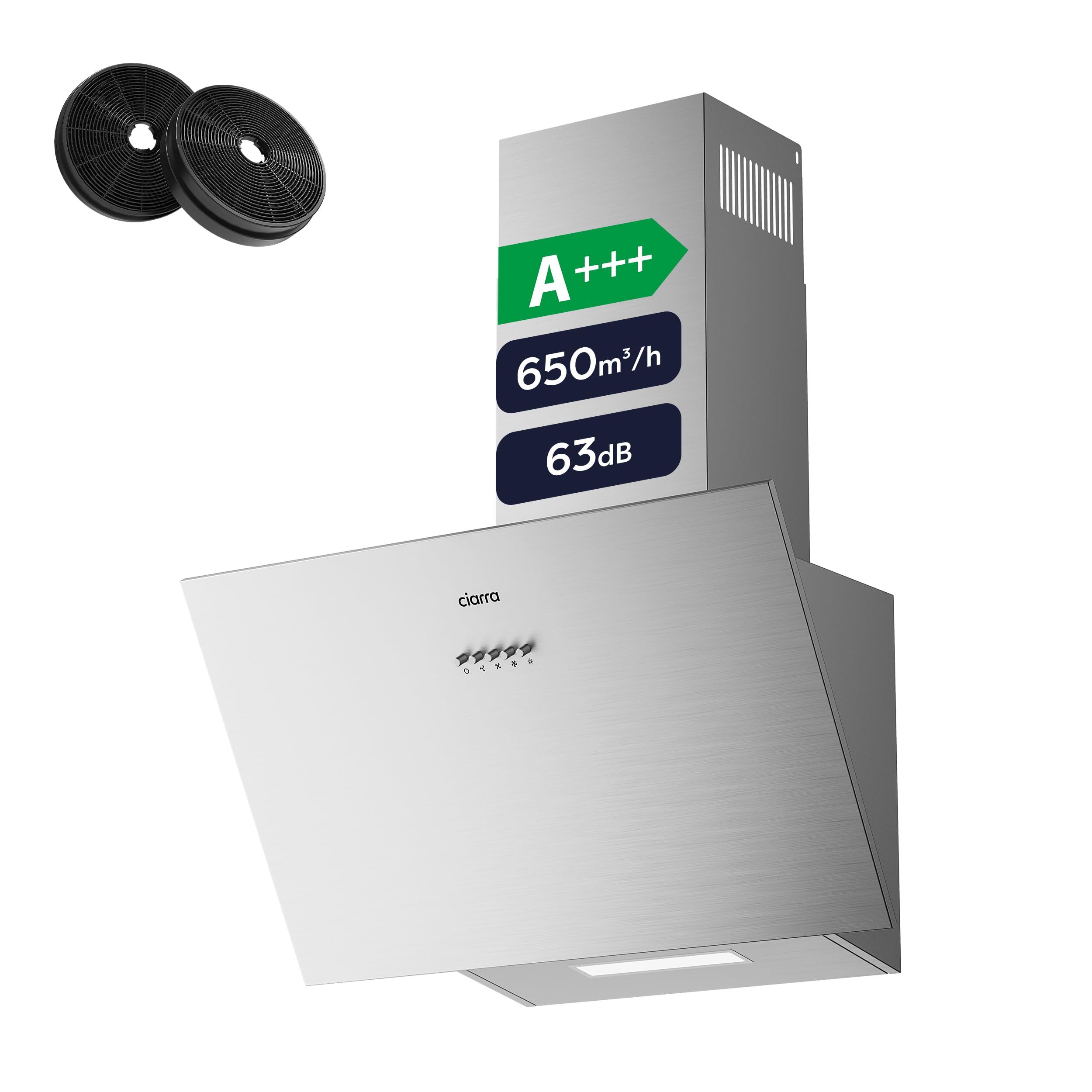 CIARRA CBCS6762A Angled Cooker Hood 60cm with CBCF003 Carbon Filters 650m³/h Head-Free Chimney Vent Hood with LED Lights Ducting&Recirculating Kitchen Extractor Fan