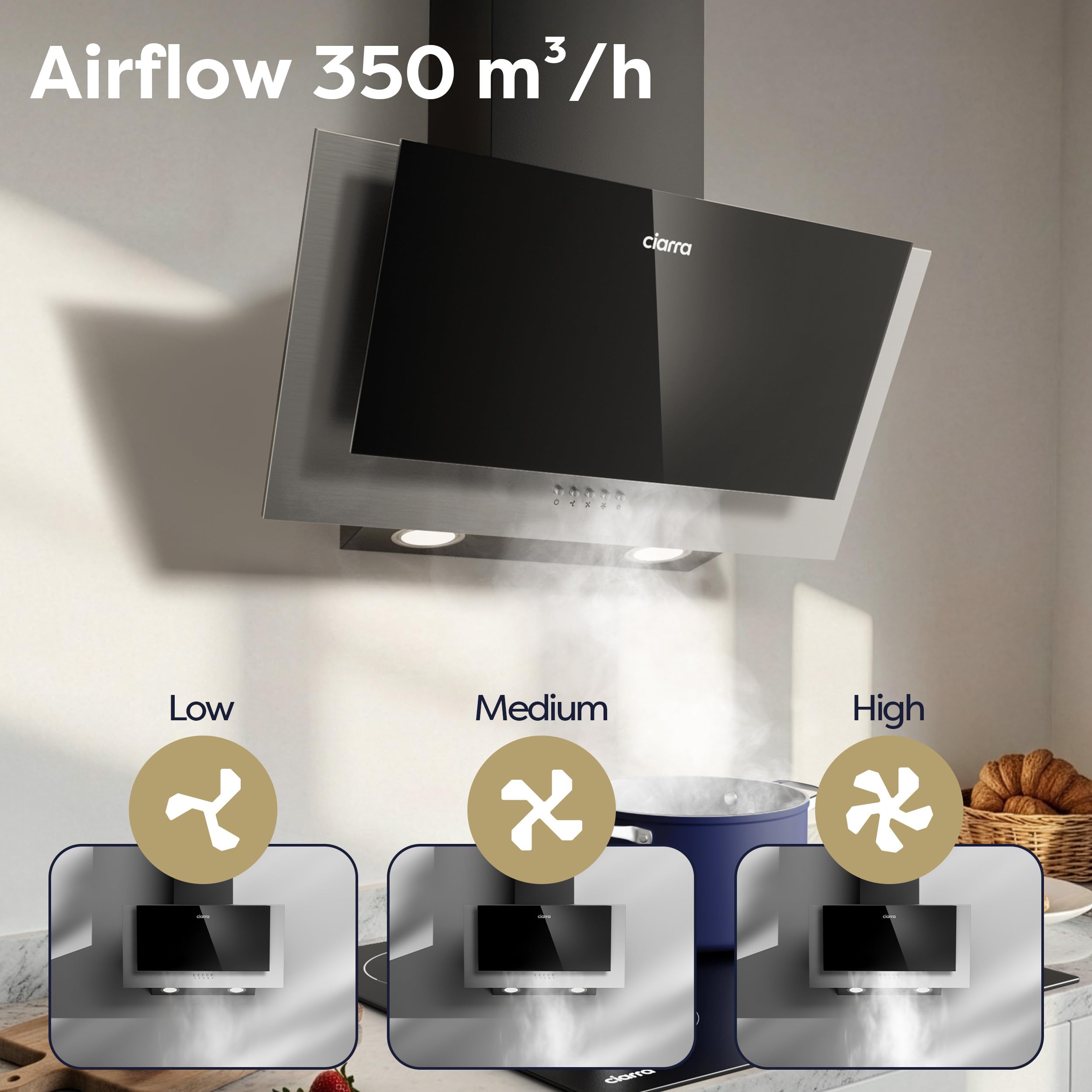 CIARRA CBCS6762A Angled Cooker Hood 60cm with CBCF003 Carbon Filters 650m³/h Head-Free Chimney Vent Hood with LED Lights Ducting&Recirculating Kitchen Extractor Fan
