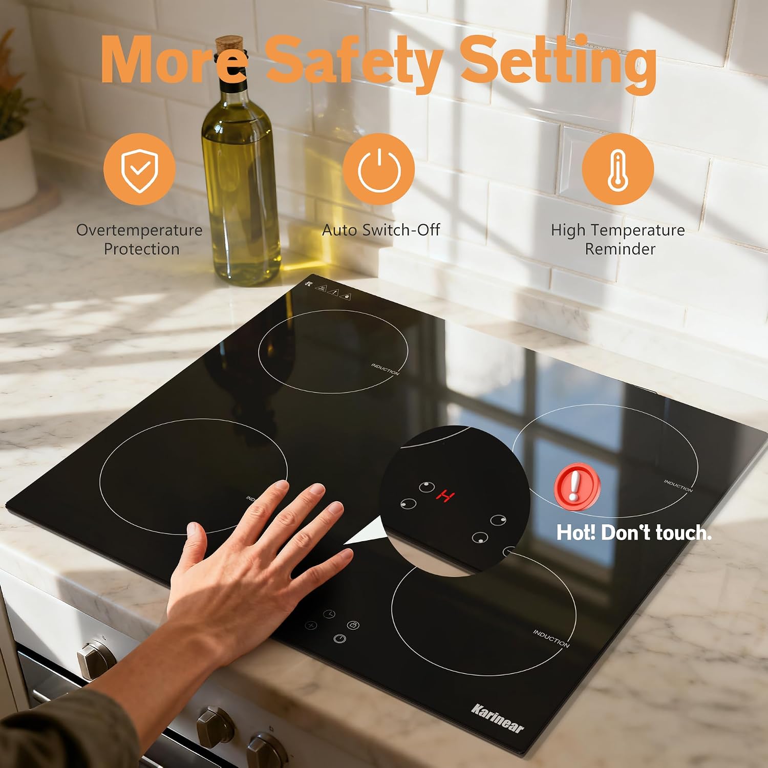 Karinear Induction Hob, 4 Zones Built-in Induction Hob 60cm, with Touch Control 9 Power Level & Child Safety Lock, Timer, Black Crystal Glass