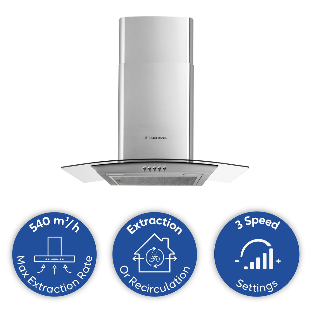 Russell Hobbs 60cm Curved Glass Cooker Hood in Stainless Steel with 3 Speed Settings, 1 x Carbon Filter, Extraction or Recirculation, 540m³/h Extraction Rate, A+ Energy Rating, RH60GCH92A1SS