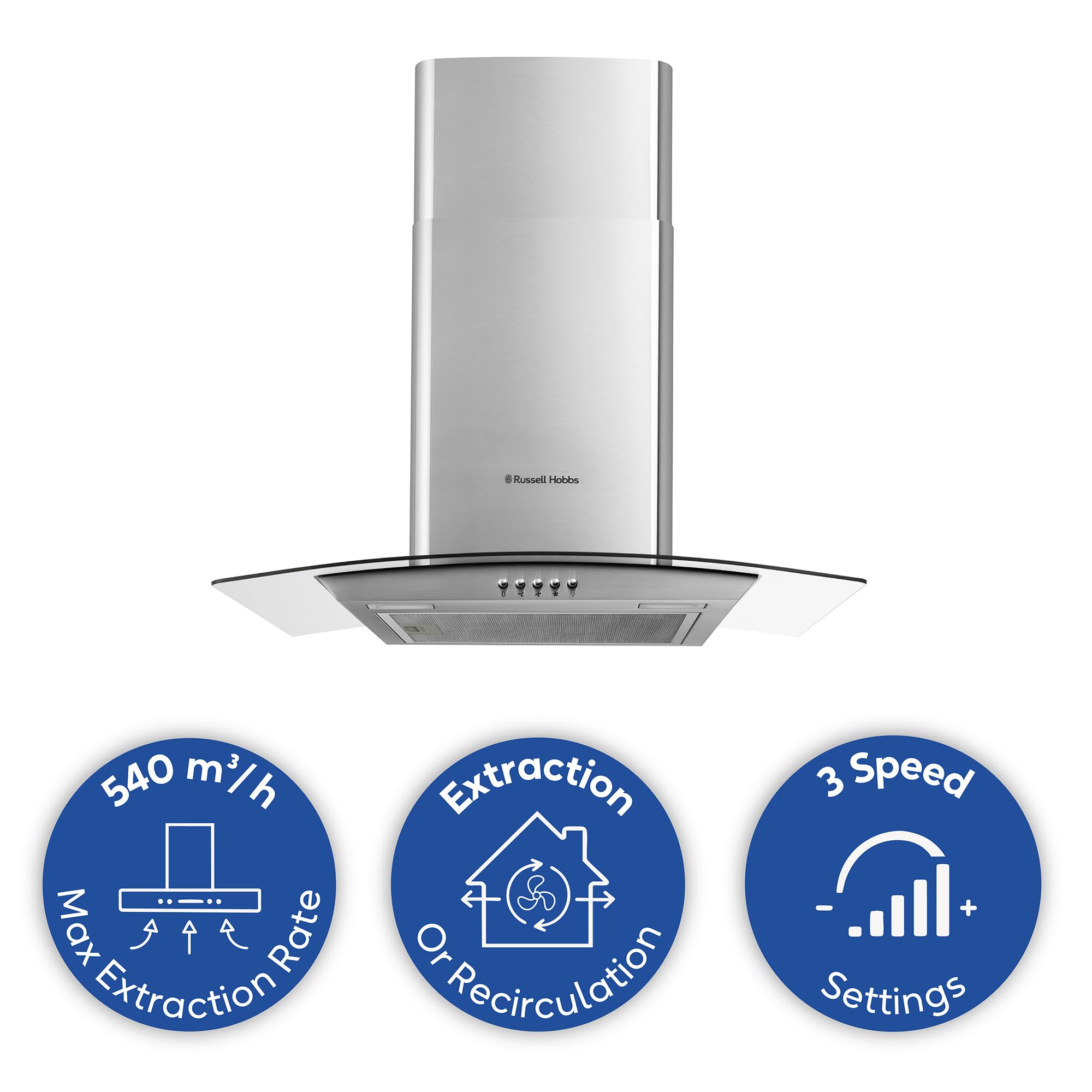 Russell Hobbs 60cm Curved Glass Cooker Hood in Stainless Steel with 3 Speed Settings, 1 x Carbon Filter, Extraction or Recirculation, 540m³/h Extraction Rate, A+ Energy Rating, RH60GCH92A1SS